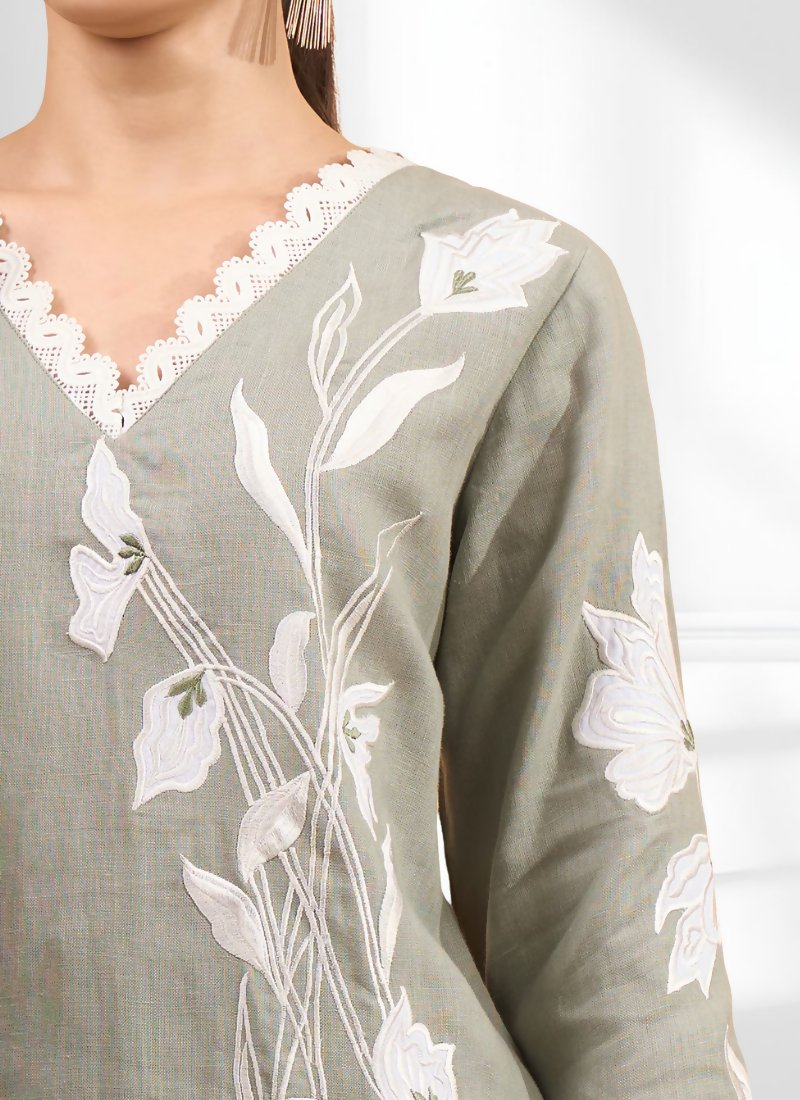 Joban Fashion Gray Linen Embroidered Readymade Long Kurta With Pant