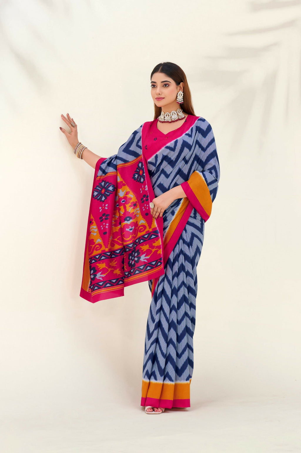 Vastranavya Blue Tussar Silk Zigzag Waves Printed Saree with Unstitched Blouse