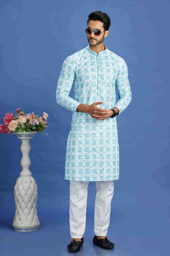 Raivat Ethnic Cotton Embroidery Kurta Pajama In Sky Blue Colour