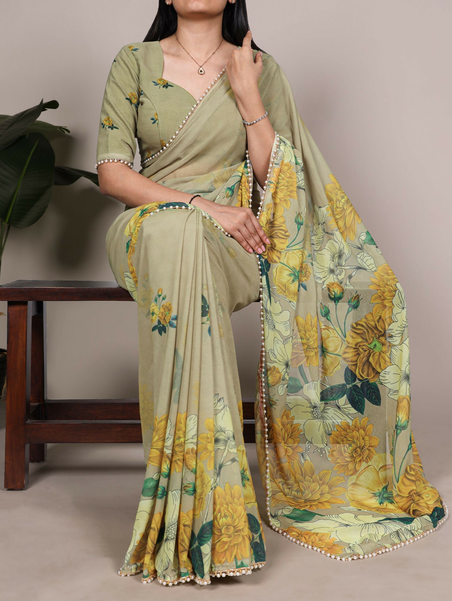 Vastranavya Mehendi Weightless Marble and Floral Printed Georgette Saree with Unstitched Blouse
