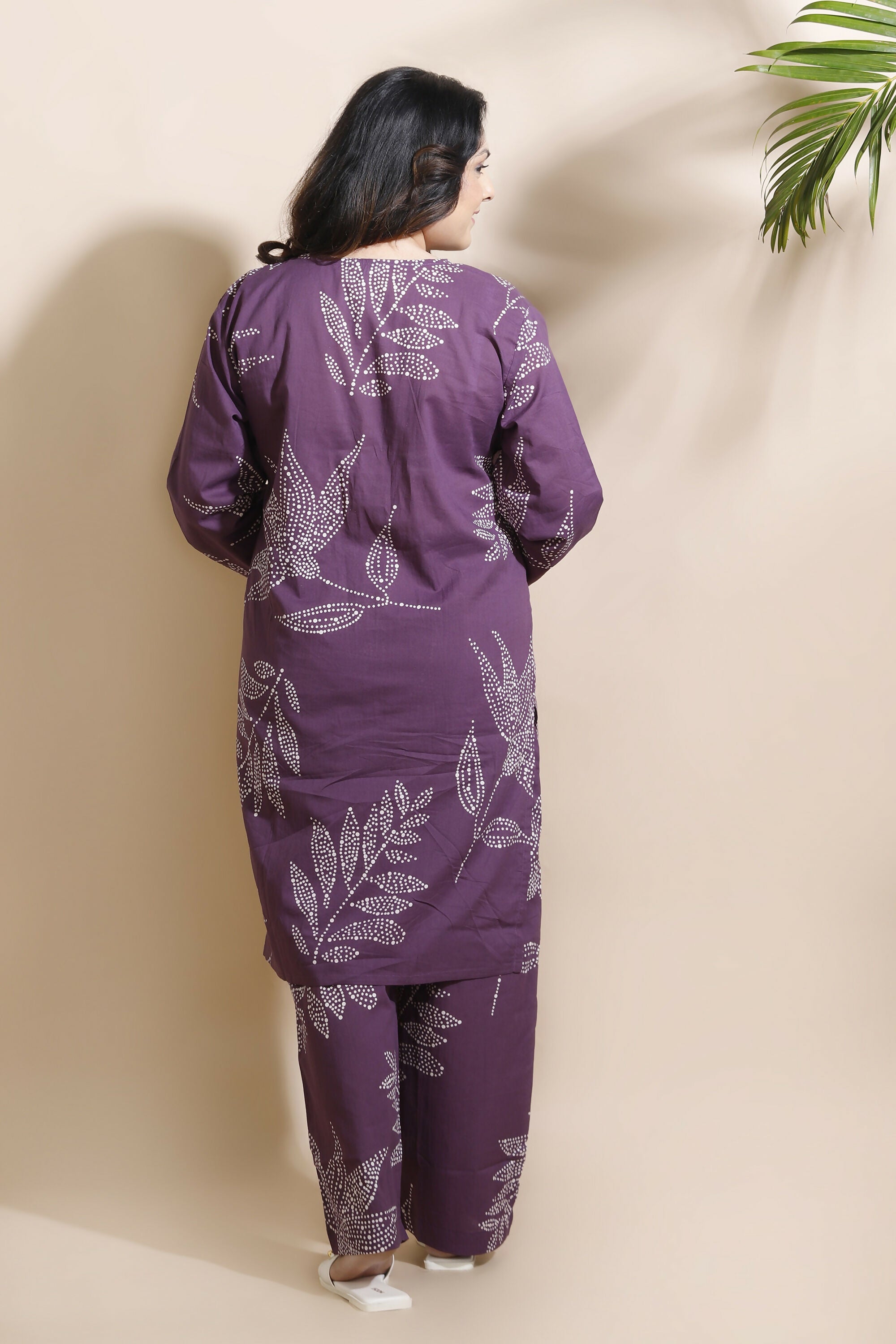 Breathables Women’S Purple Cotton Abstract Print Loungewear Co-Ord Set – Long Kurta & Pants