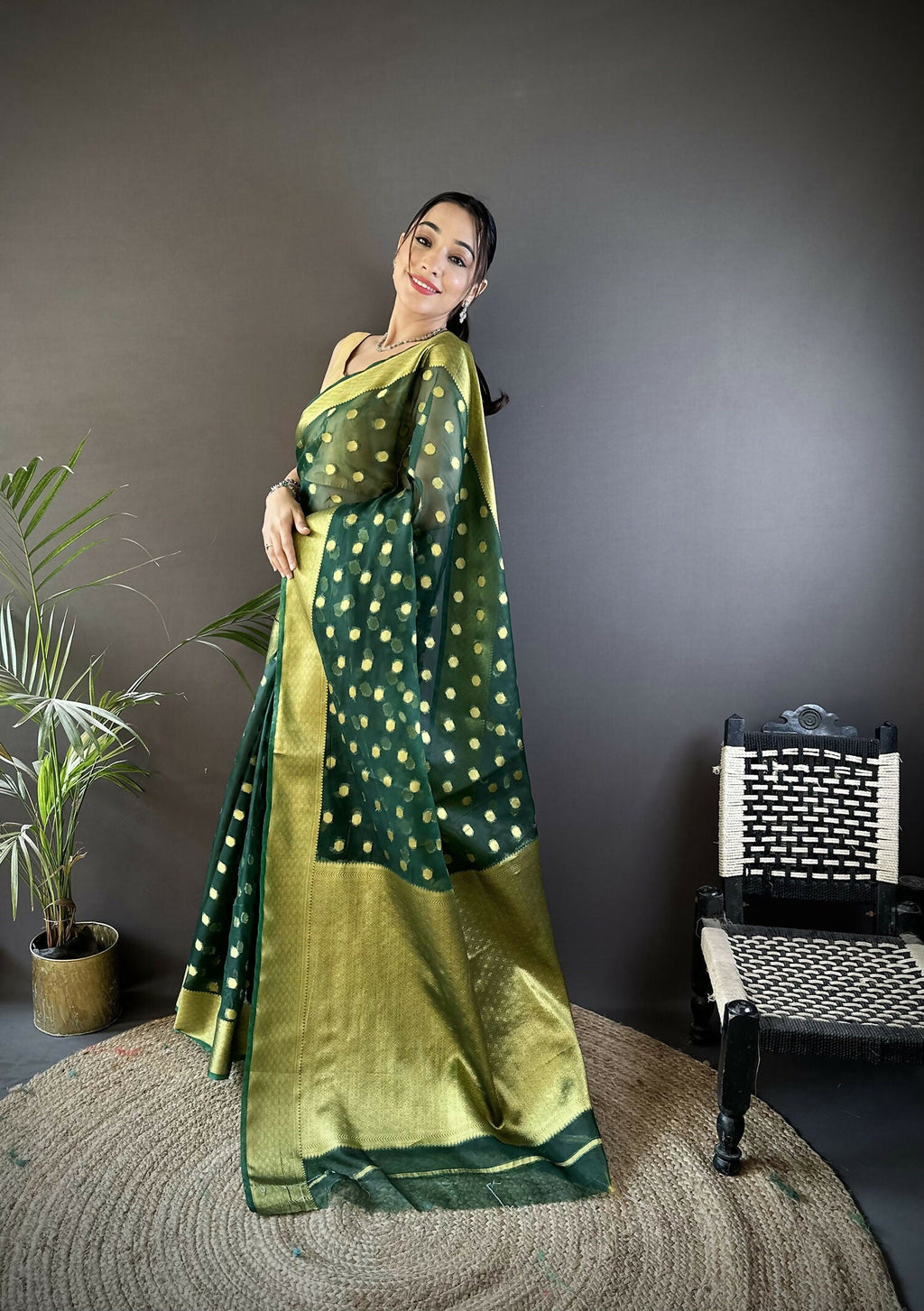 Joban Fashion Green Polka-Dot Zari Woven Organza Silk Banarasi Silk Saree
