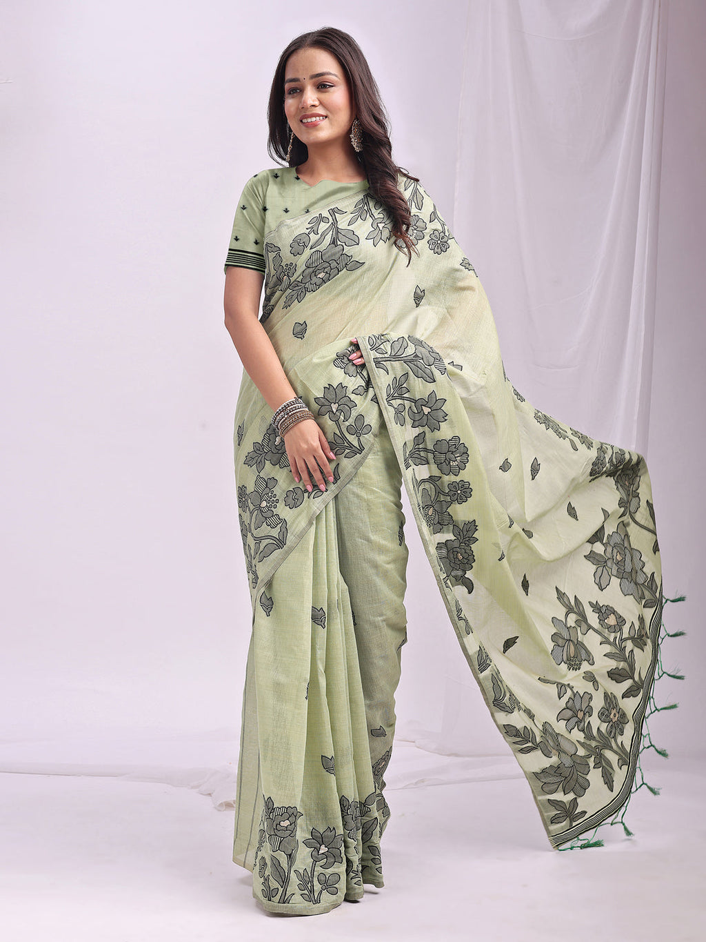 Anaita Green Linen Printed Saree With Blouse