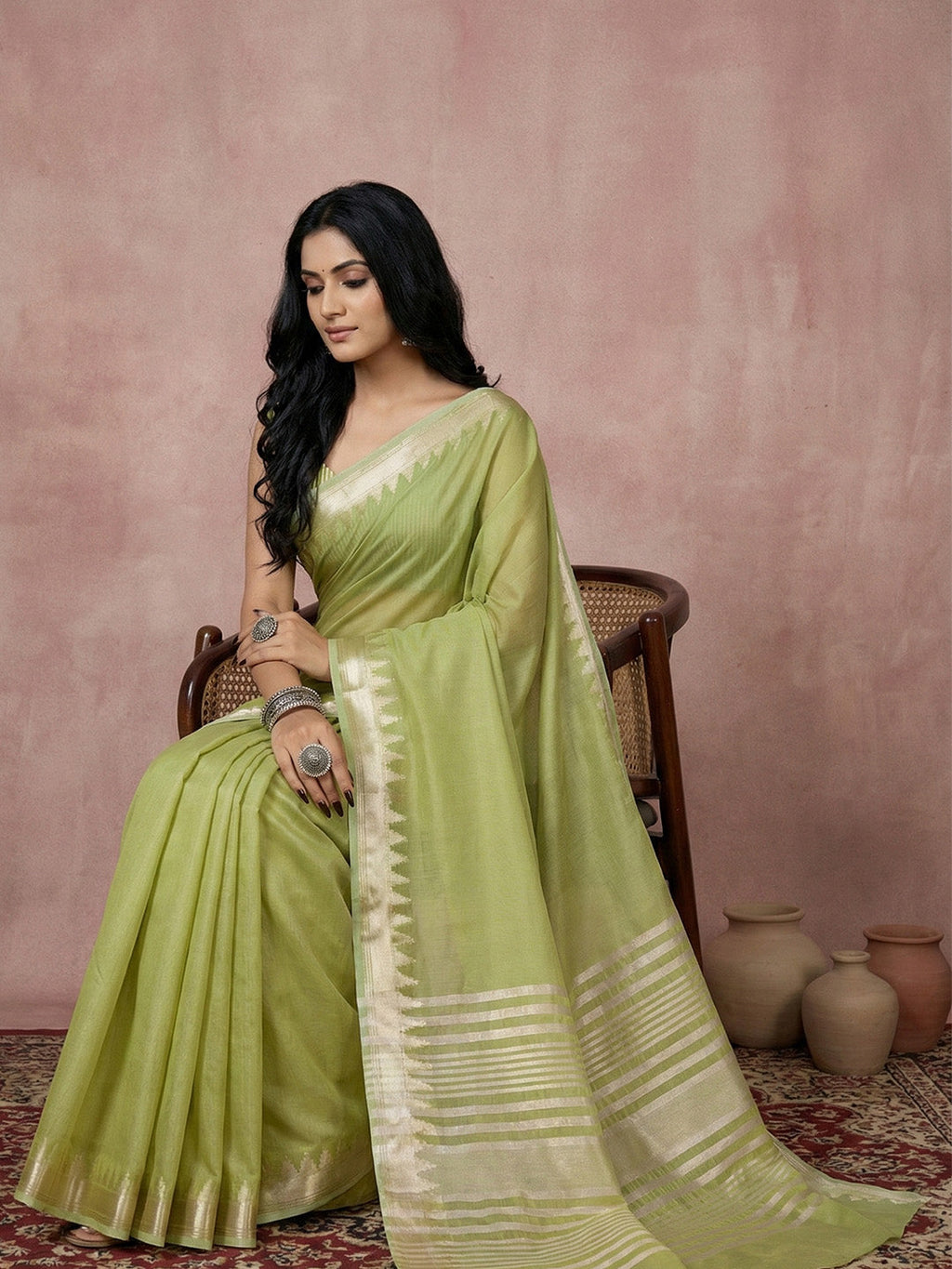 Anaita Green Cotton Saree With Blouse