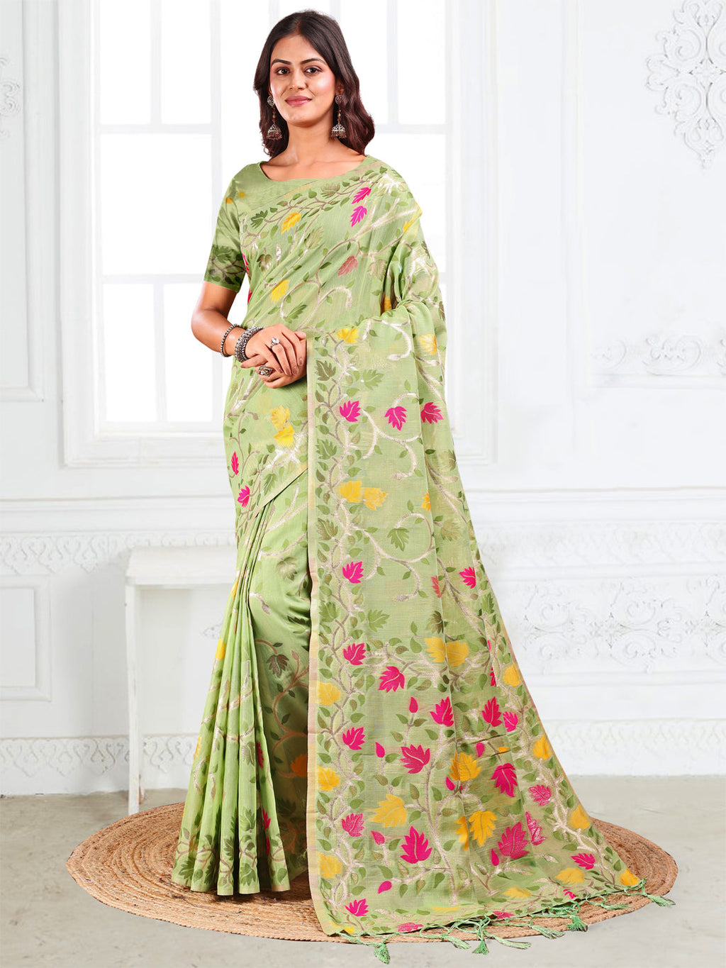 Anaita Green Linen Printed Saree With Blouse
