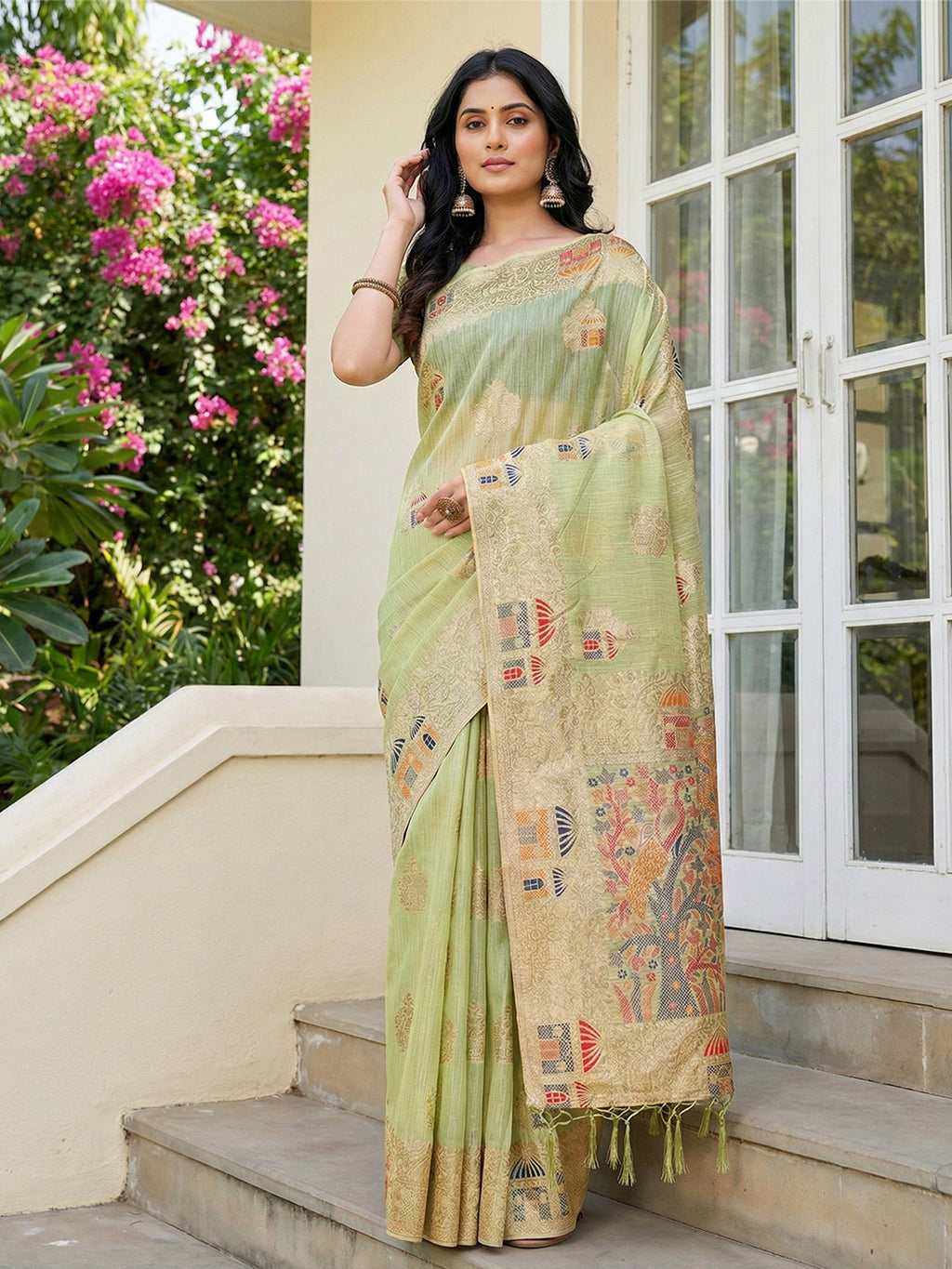 Anaita Green Linen Woven Work Saree With Blouse