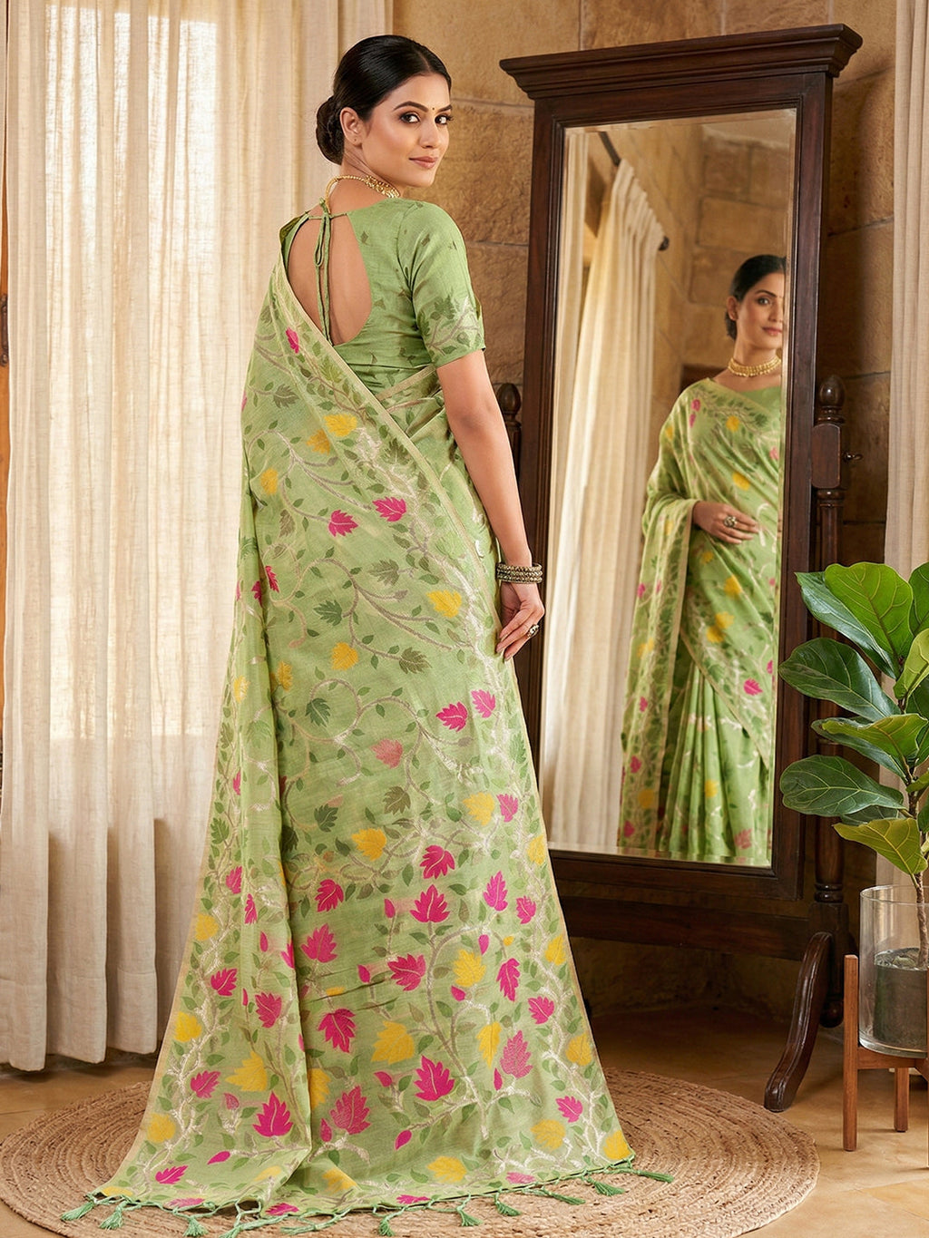 Anaita Green Linen Woven Work Saree With Blouse