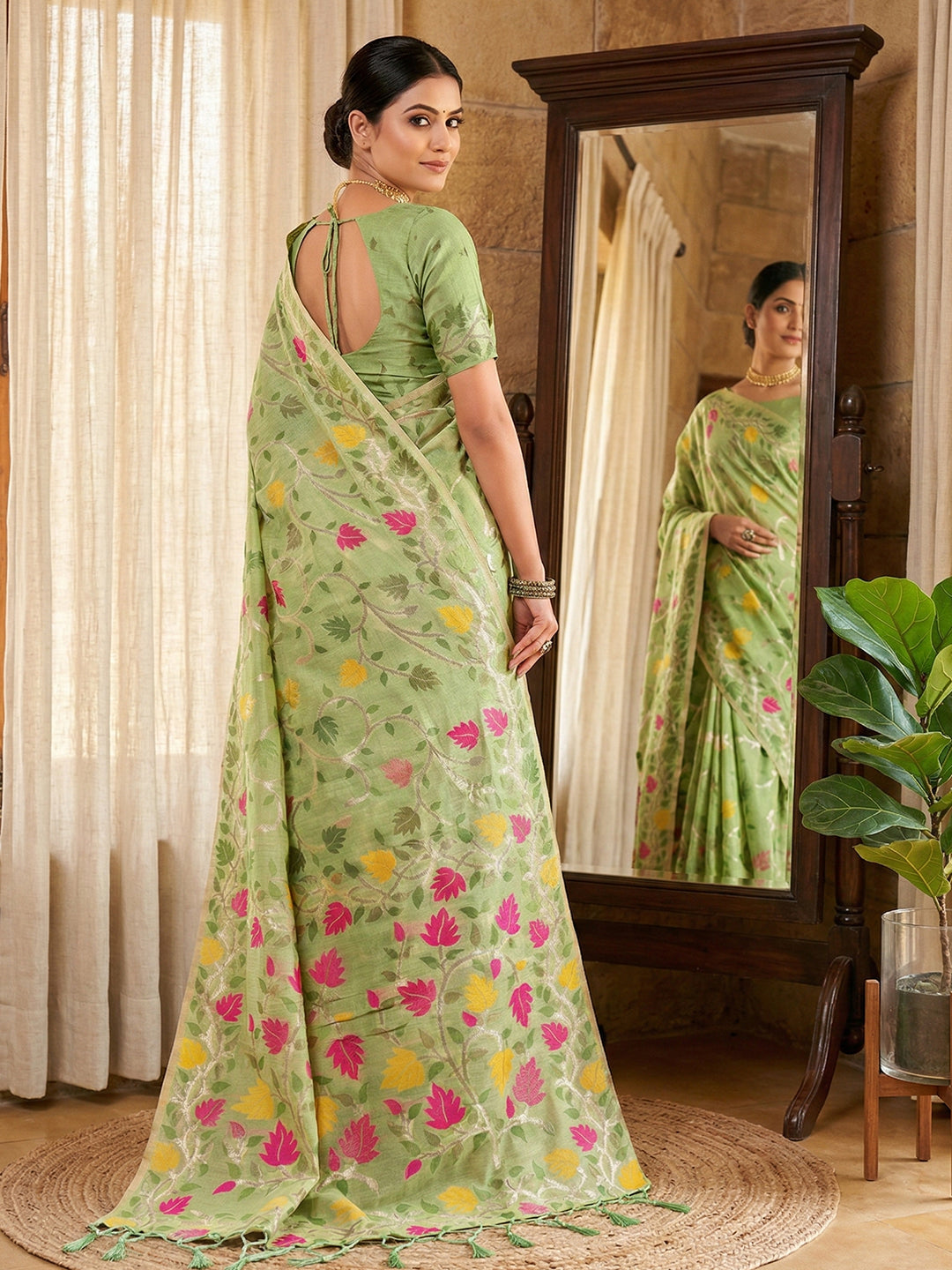 Anaita Green Linen Woven Work Saree With Blouse