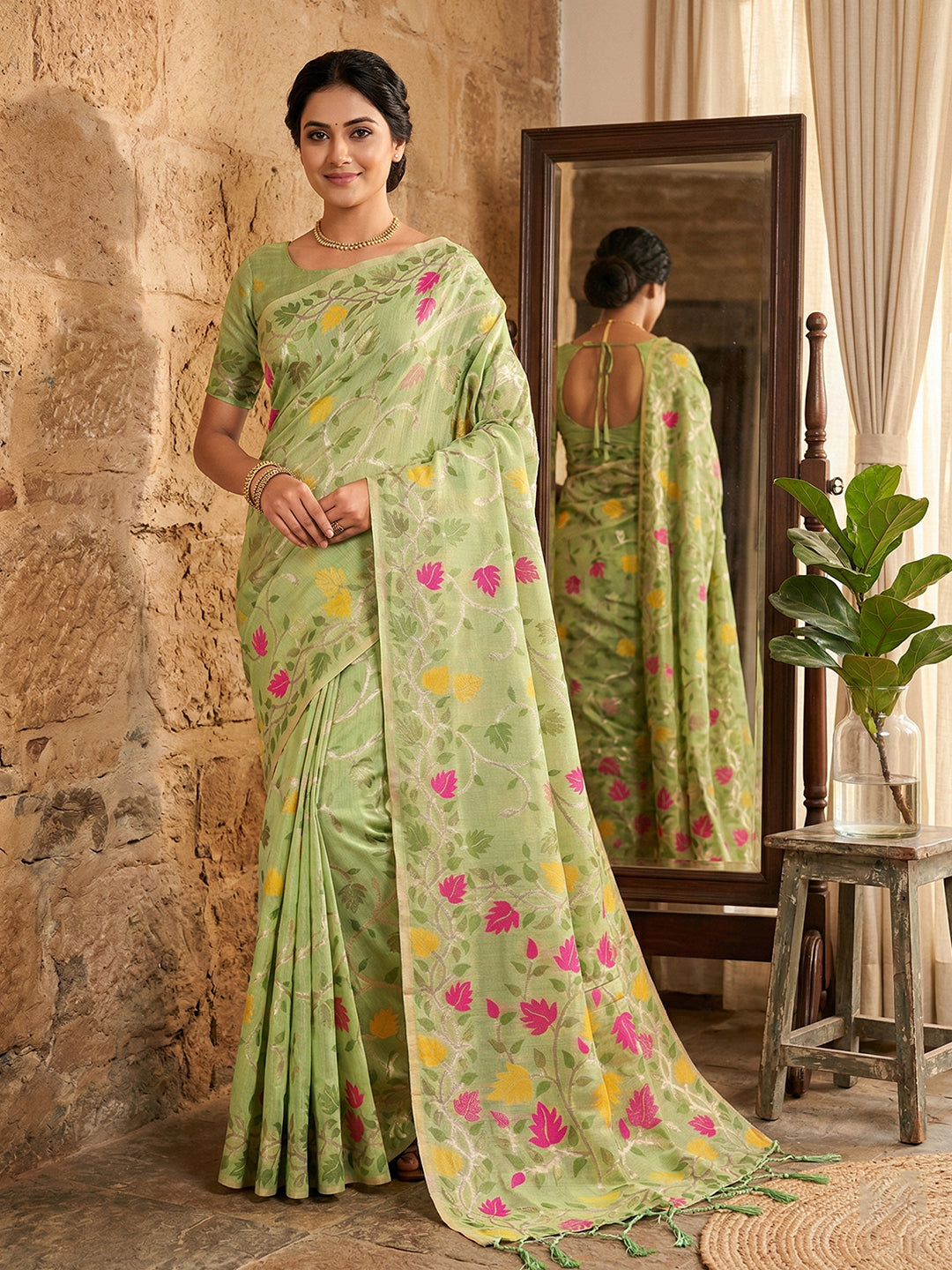Anaita Green Linen Woven Work Saree With Blouse