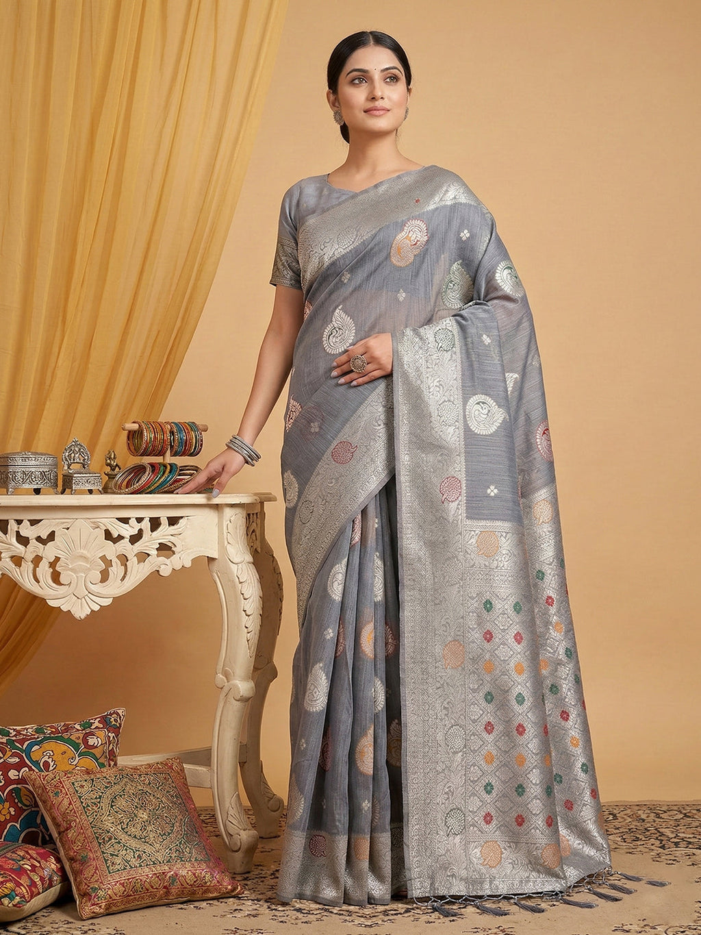 Anaita Grey Linen Woven Work Saree With Blouse