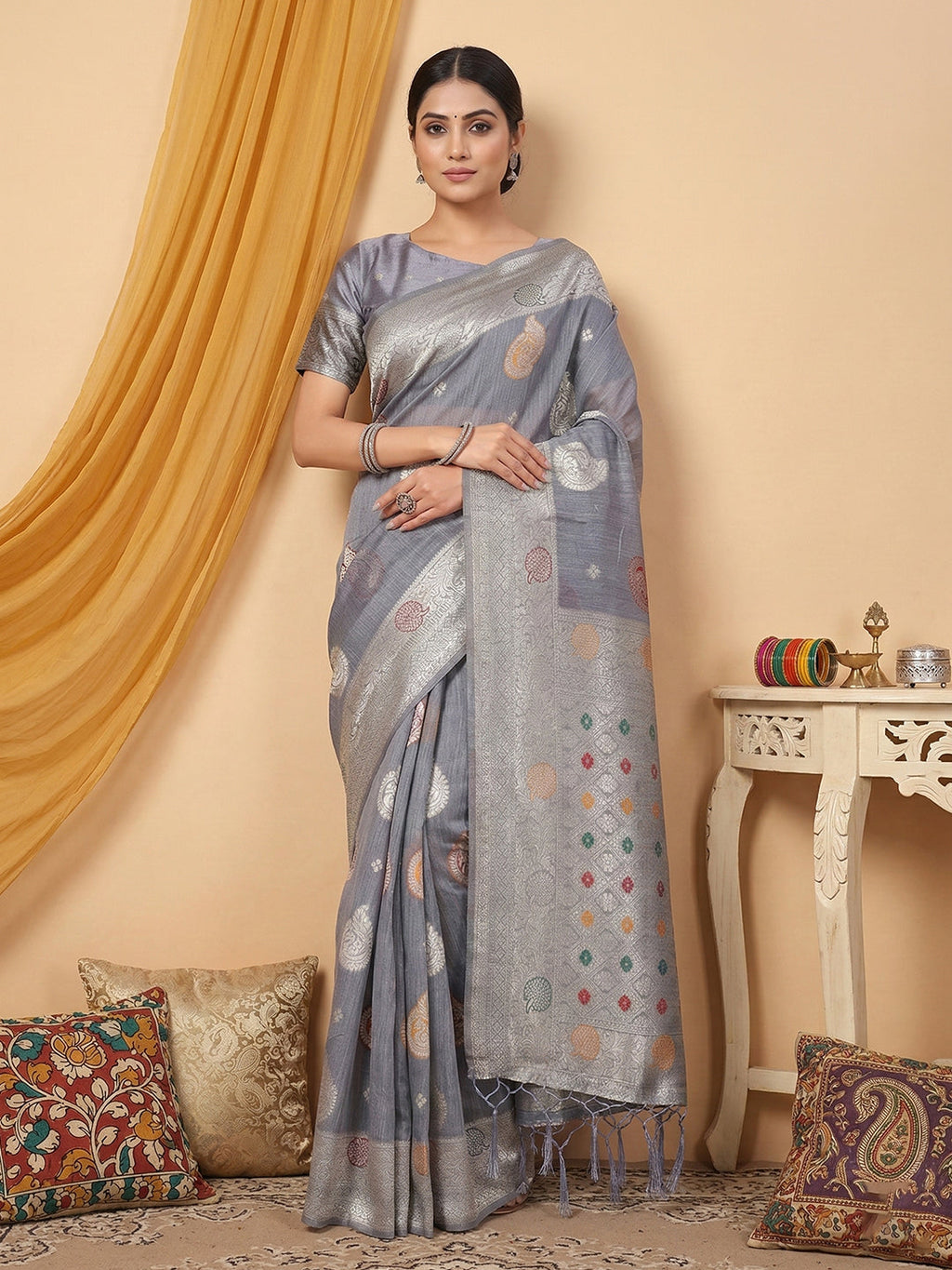 Anaita Grey Linen Woven Work Saree With Blouse