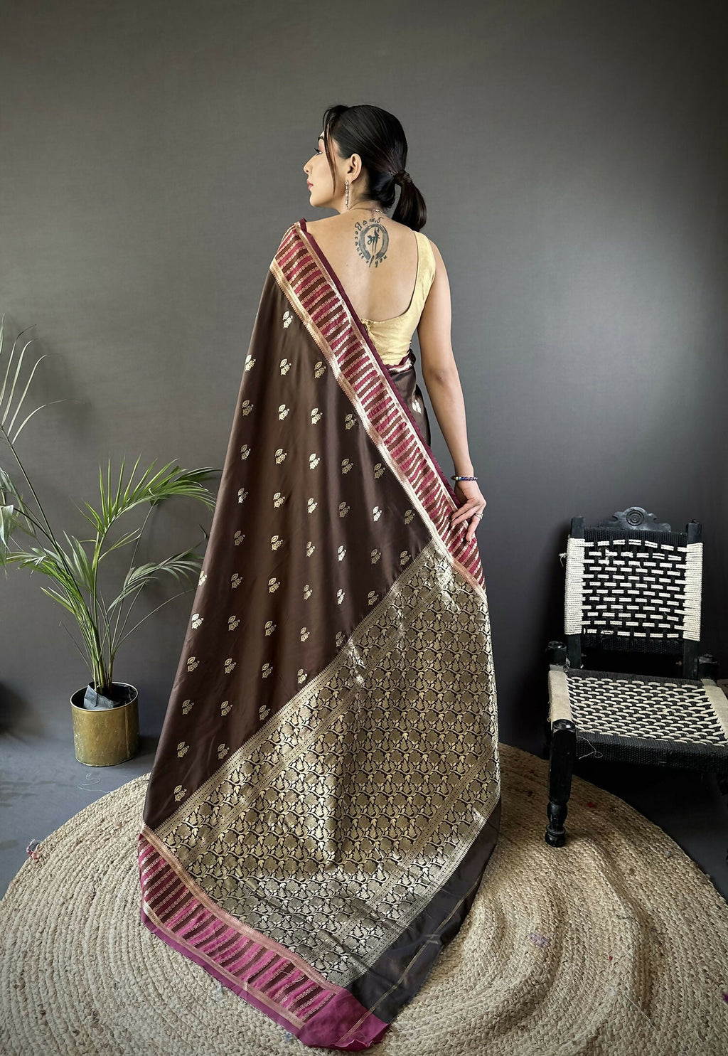 Joban Fashion Brown Woven Zari Motifs Lichi Silk Banarasi Silk Saree