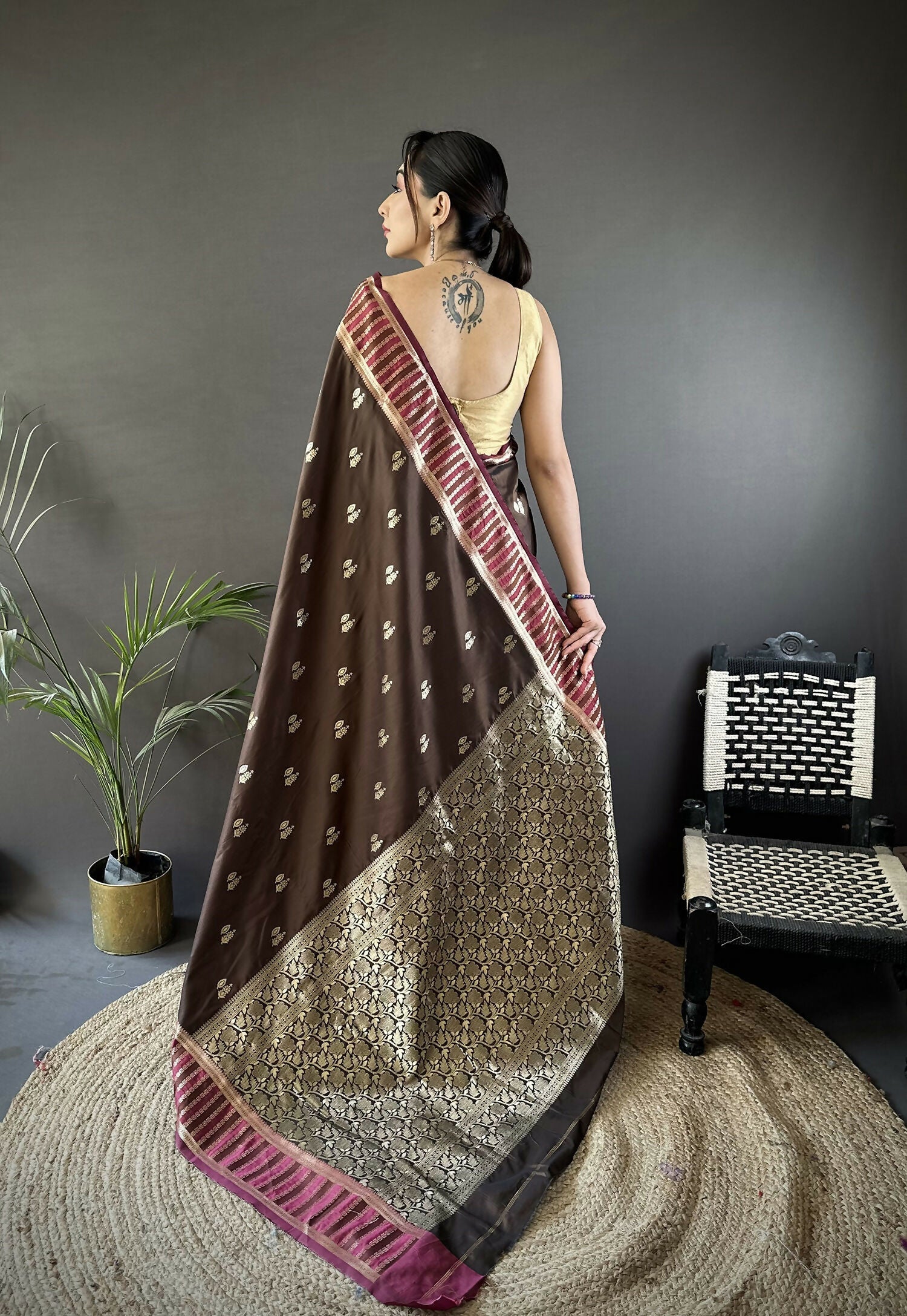 Joban Fashion Brown Woven Zari Motifs Lichi Silk Banarasi Silk Saree