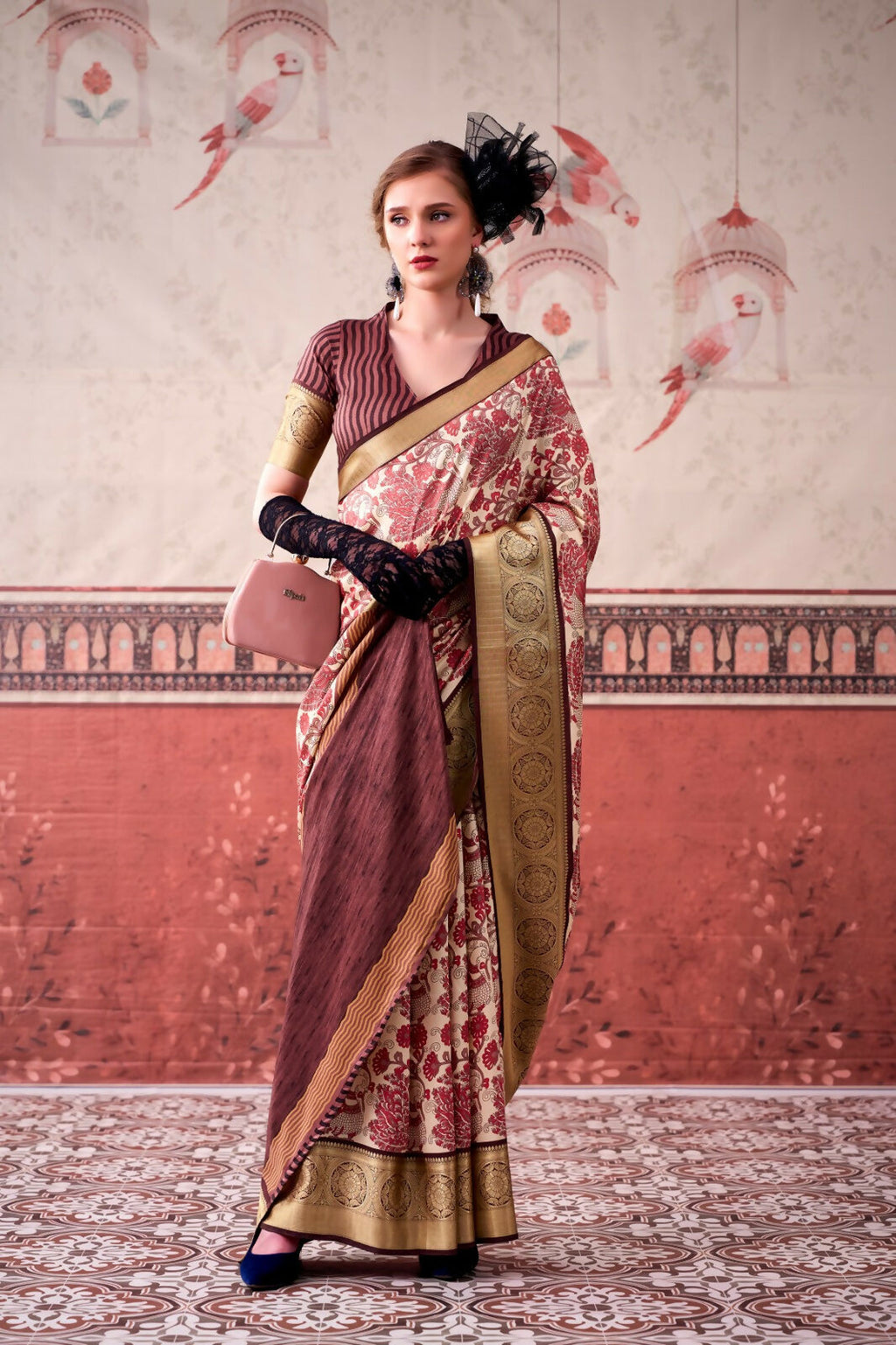 Vastranavya Pink Tussar Silk Printed with Viscose Border Saree & Unstitched Blouse