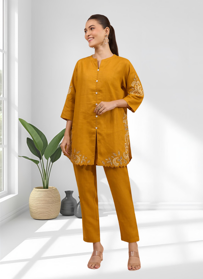 Joban Fashion Yellow Cotton, Linen Embroidered Readymade Cord Set