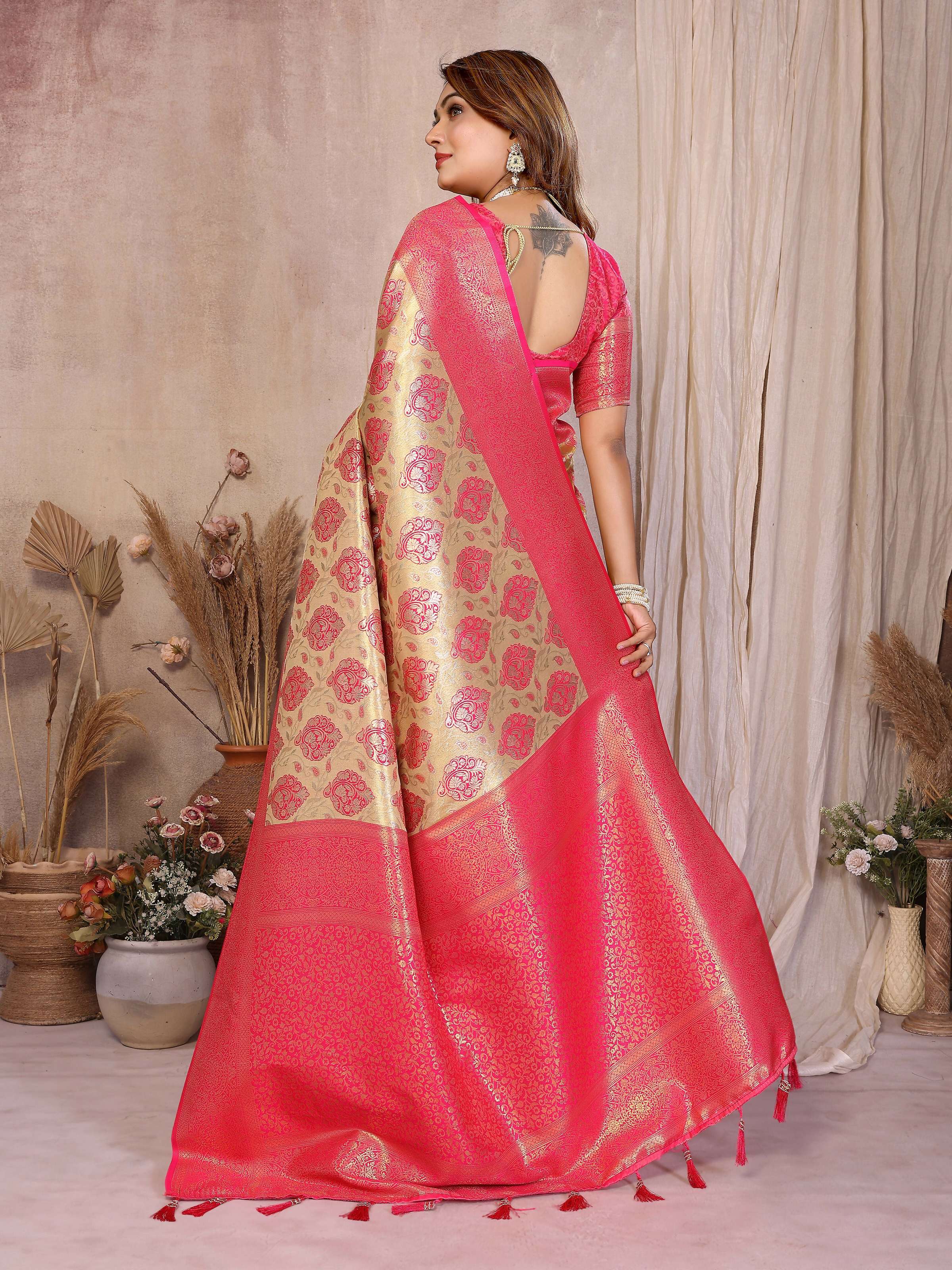 Aastha Fashion Yellow Banarasi Tissue Silk Weaving Saree