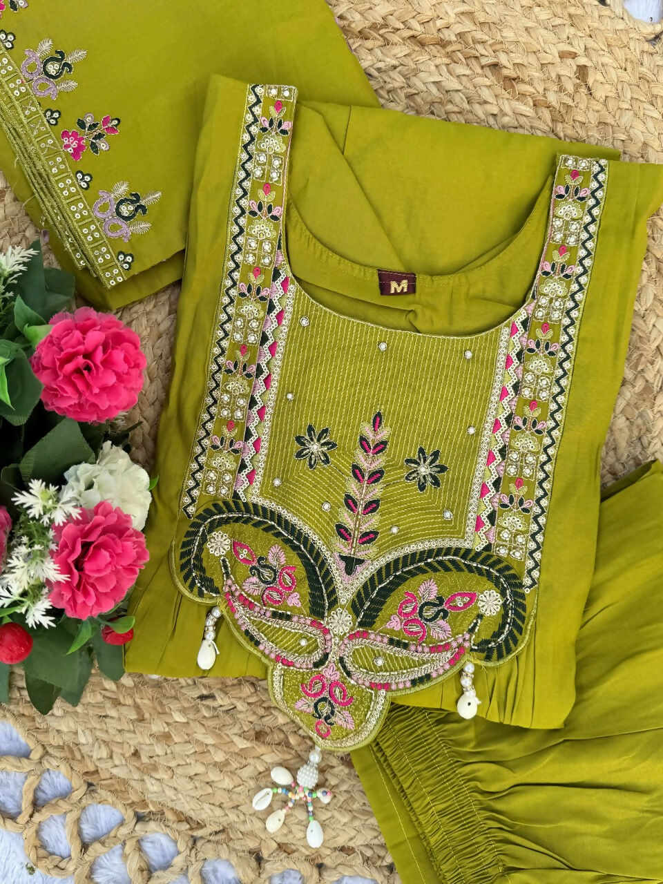Lehenga Mart Designer Anarkali Suit With Kurta, Pant, Dupatta For Women-Lime Green