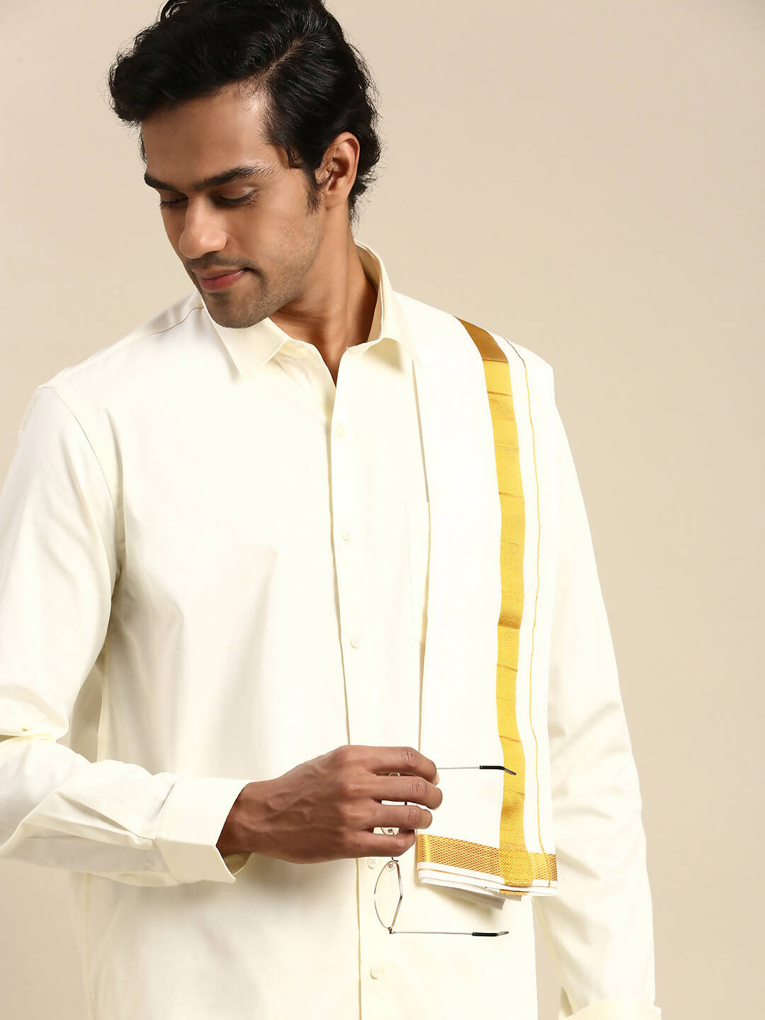 Ramraj Cotton Wedding Cream Zari Dhoti with shirt Bit & Towel Set Akshayam 50k
