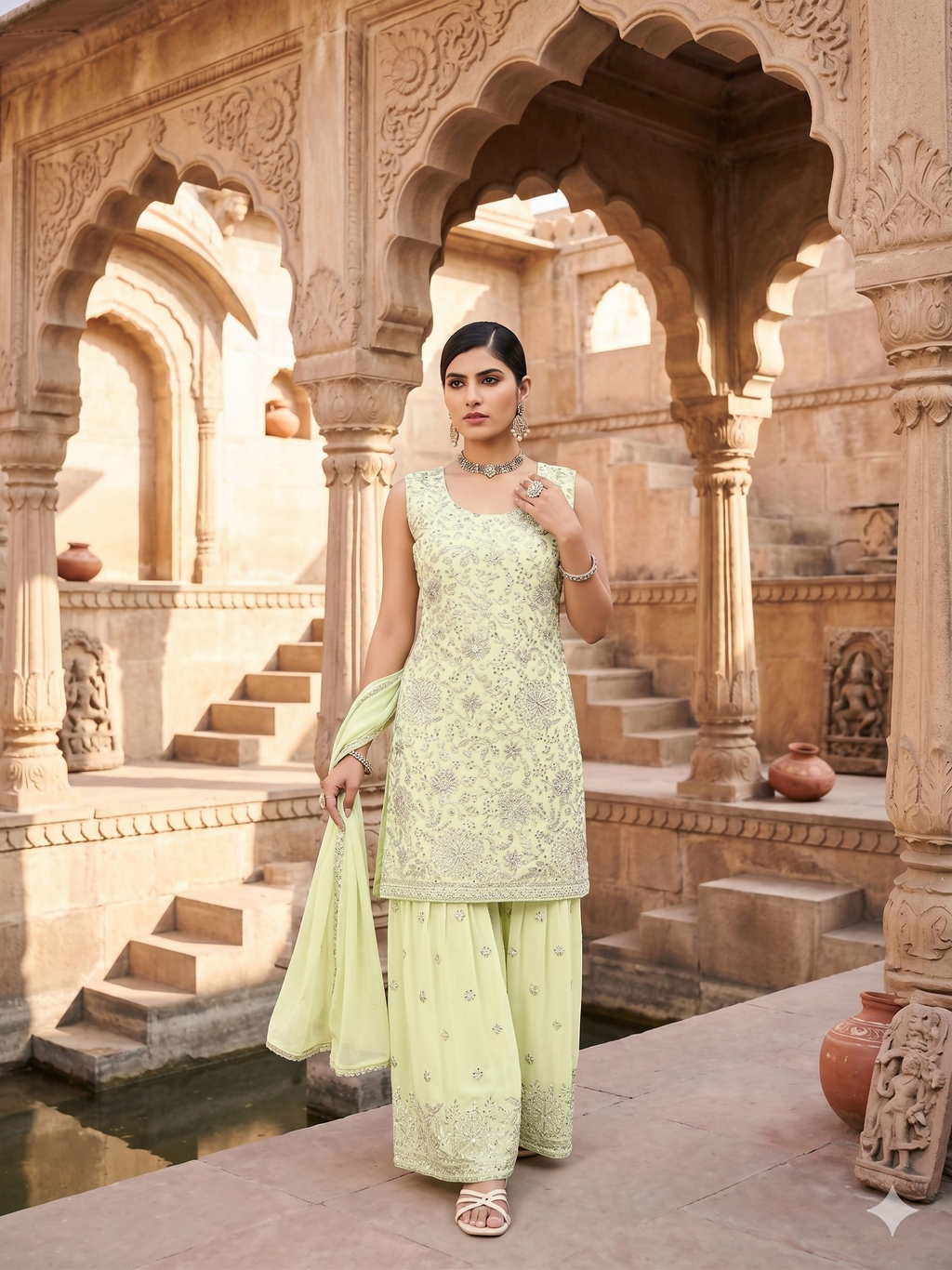 Teeya Creation Womens New Designer Georgette Green Embroidered Sharara Set With Sequence Work And Lace Border Dupatta