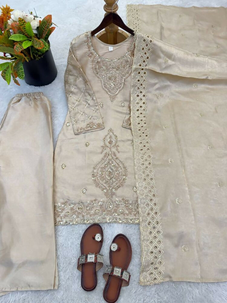 Teeya Creation Cream Color Gimmychu Silk Embroidery Work Wedding Wear Salwar Suit