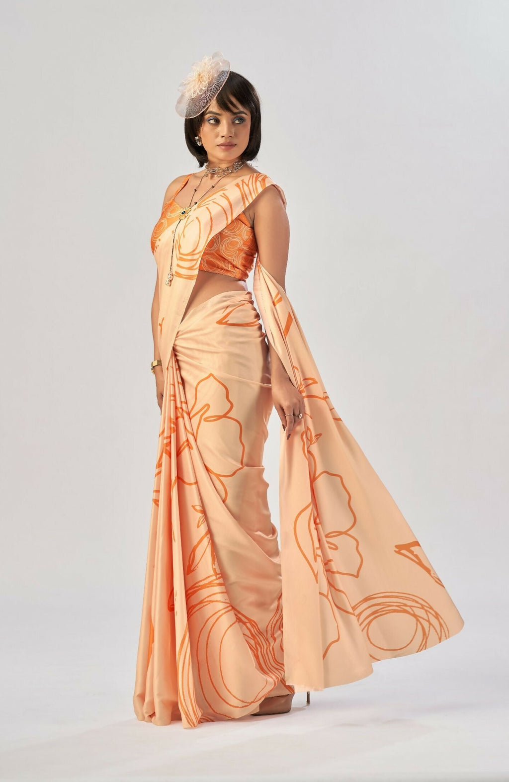 Vastranavya Orange Satin Silk Elegant Printed Saree with Unstitched Blouse