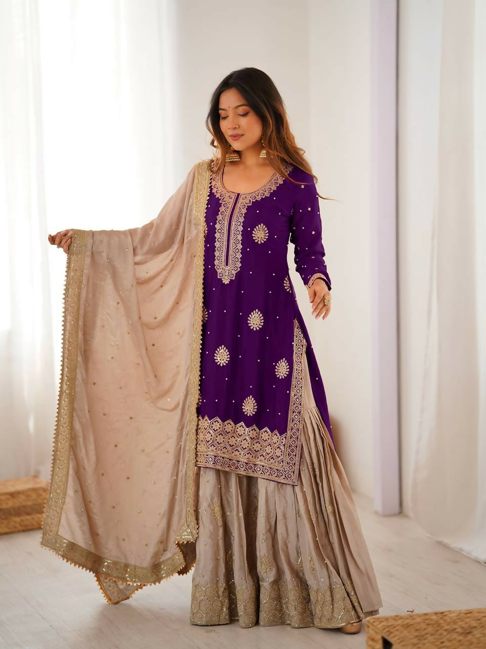 Lehenga Mart Designer Sharara Suit With Kurta, Sharara, Dupatta For Women-Purple