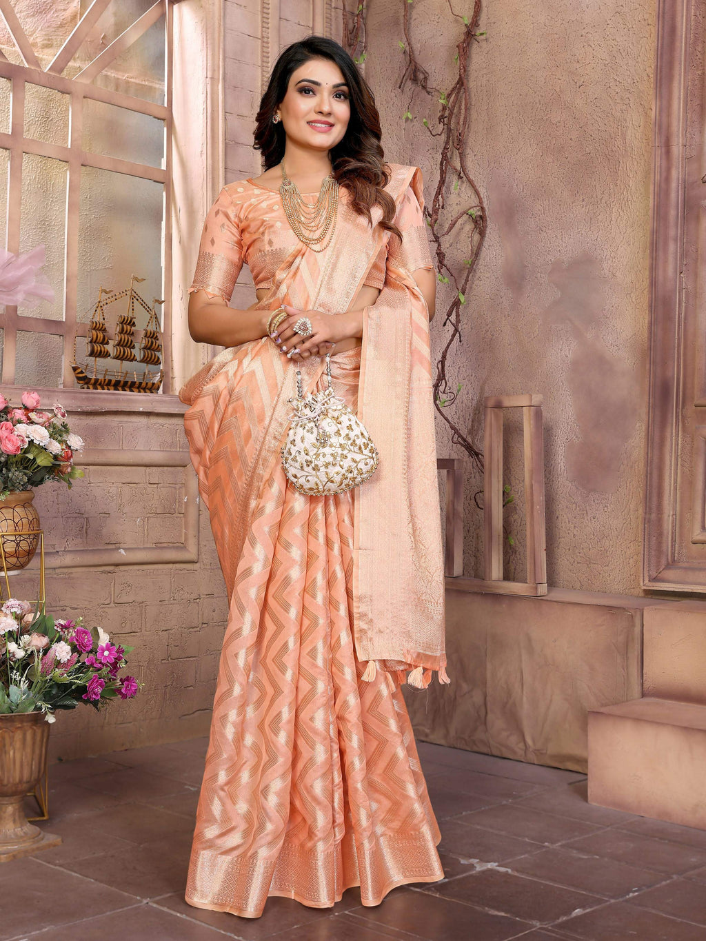 Aastha Fashion Peach Soft Organza Silk Weaving Saree