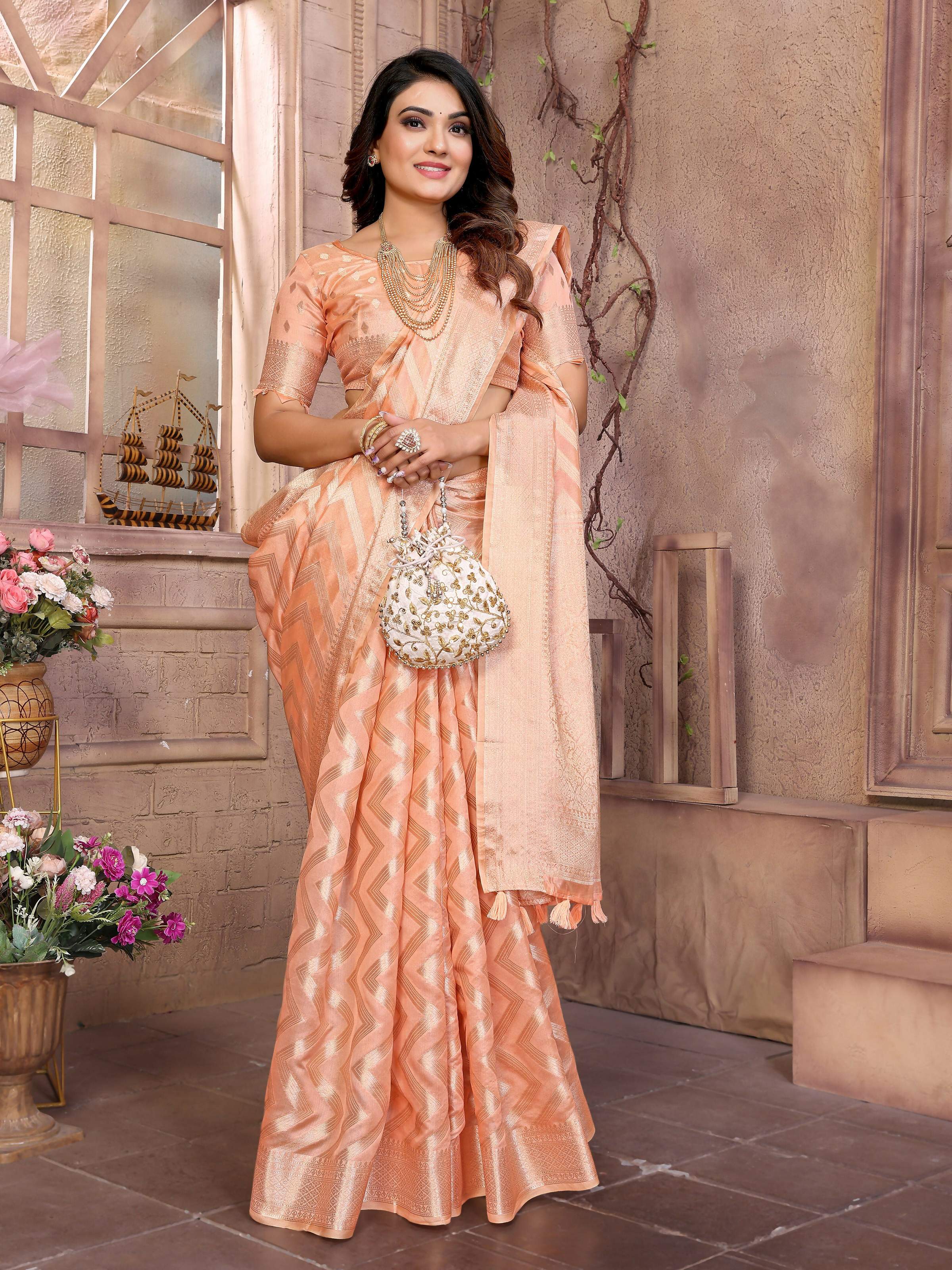 Aastha Fashion Peach Soft Organza Silk Weaving Saree