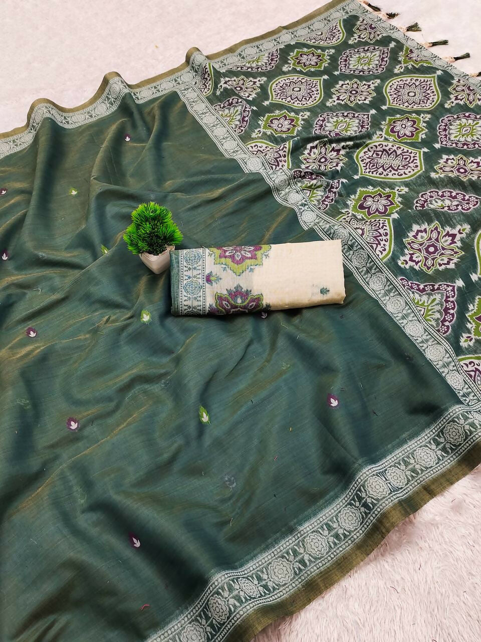 Vastranavya Morpeach Muga Cotton Meenakari & Azarakh Pallu Saree with Contrast Blouse