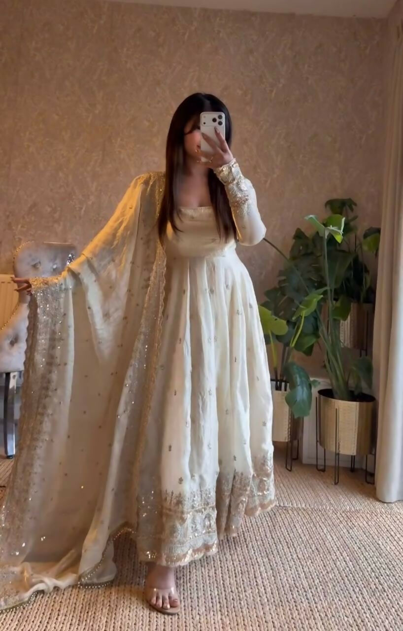 Teeya Creation White Fendy Silk Designer Heavy Work Wedding Wear Long Gown