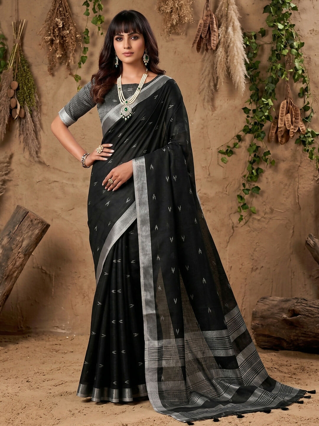 Shree Shyam Fashion Black Linen Cotton Saree