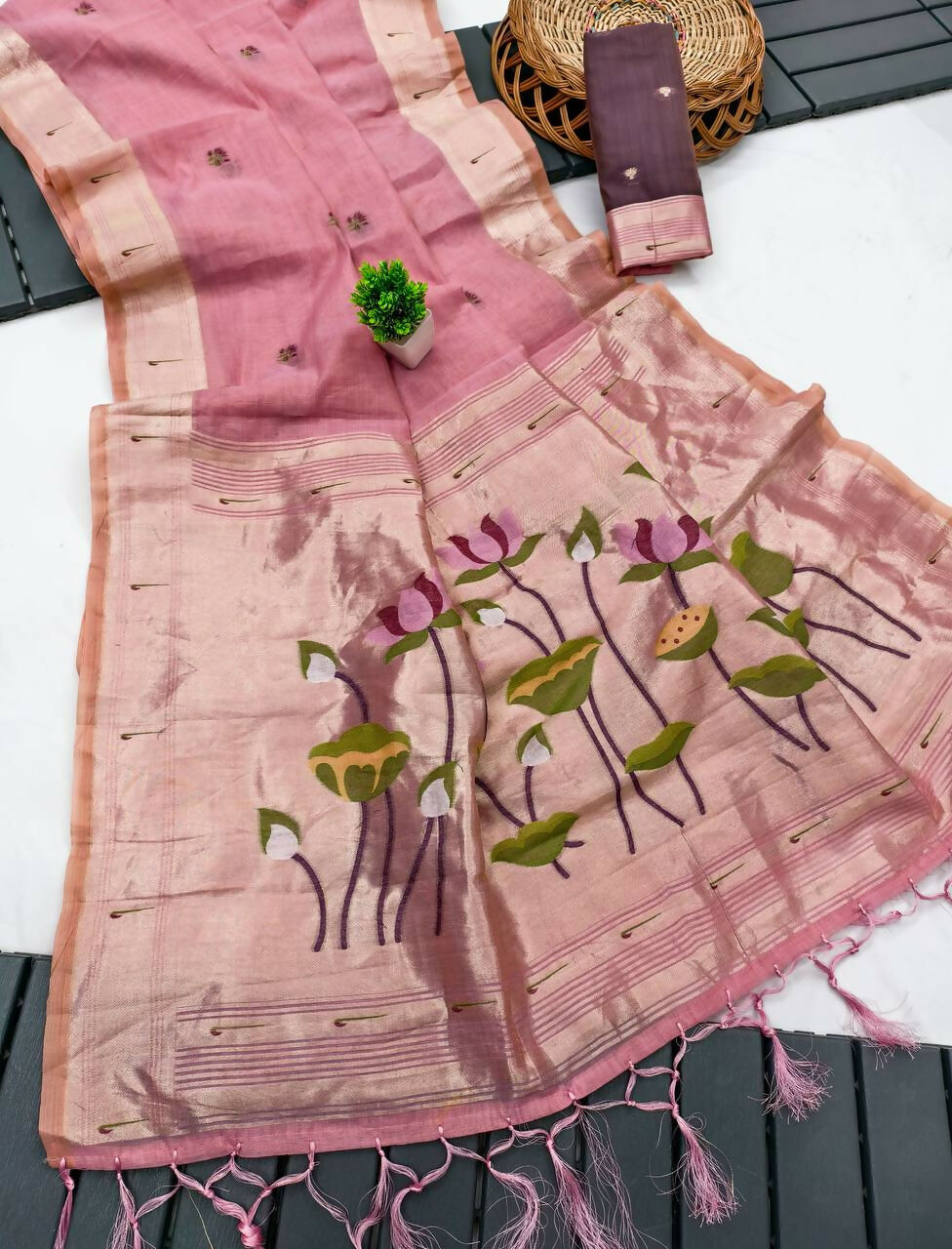 Vastranavya Pink Muga Cotton Meenakari & Munia Weaving Pallu Saree with Contrast Blouse