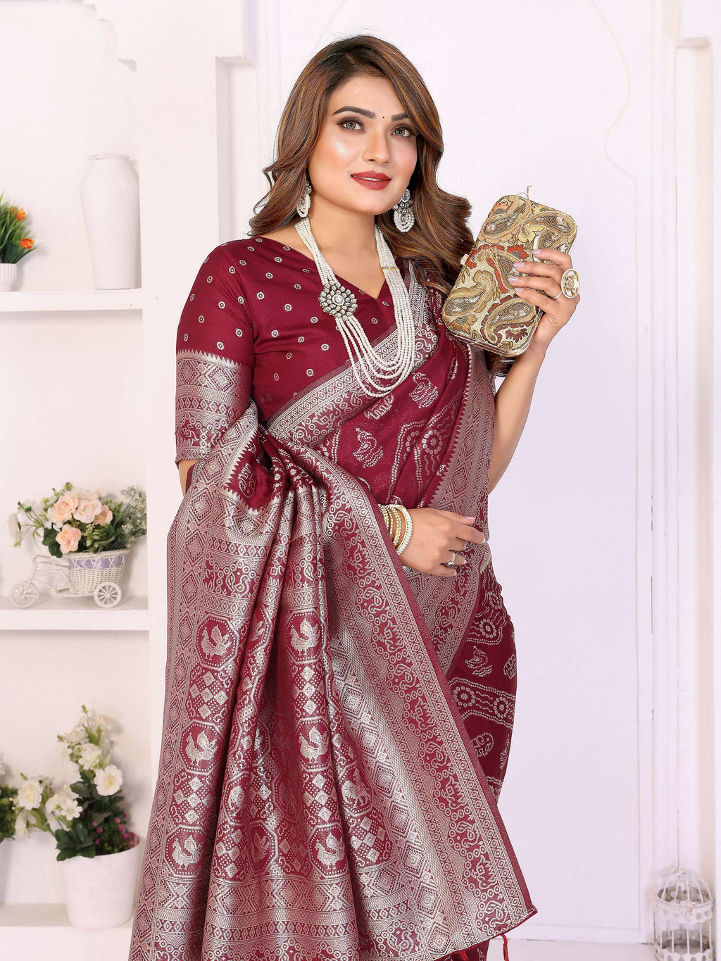 Aastha Fashion Maroon Georgette Silk Leheriya With Elegant Zari Weaving Saree