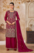 Anaita Maroon Vichitra Silk Readymade Palazzo Suit with Embroidery & Lace Work
