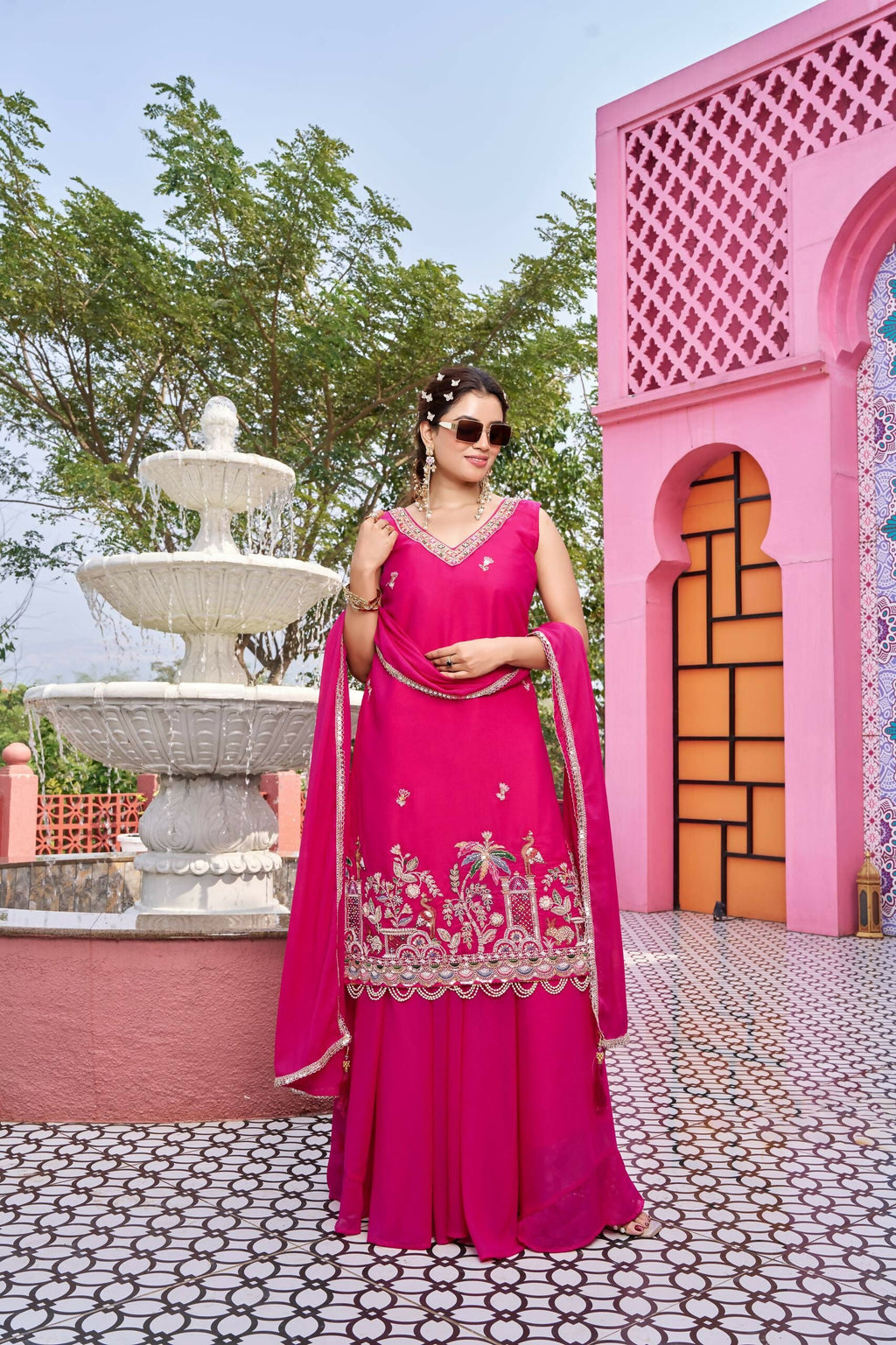 Teeya Creation Womens New Stylish Moti Beads With Cording Sequence Thread Embroidery Work Pink Kurta Set