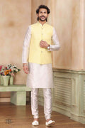 Raivat Ethnic Jacquard Banarasi Silk Woven Work 3 Pics Jacket Set In Yellow Colour