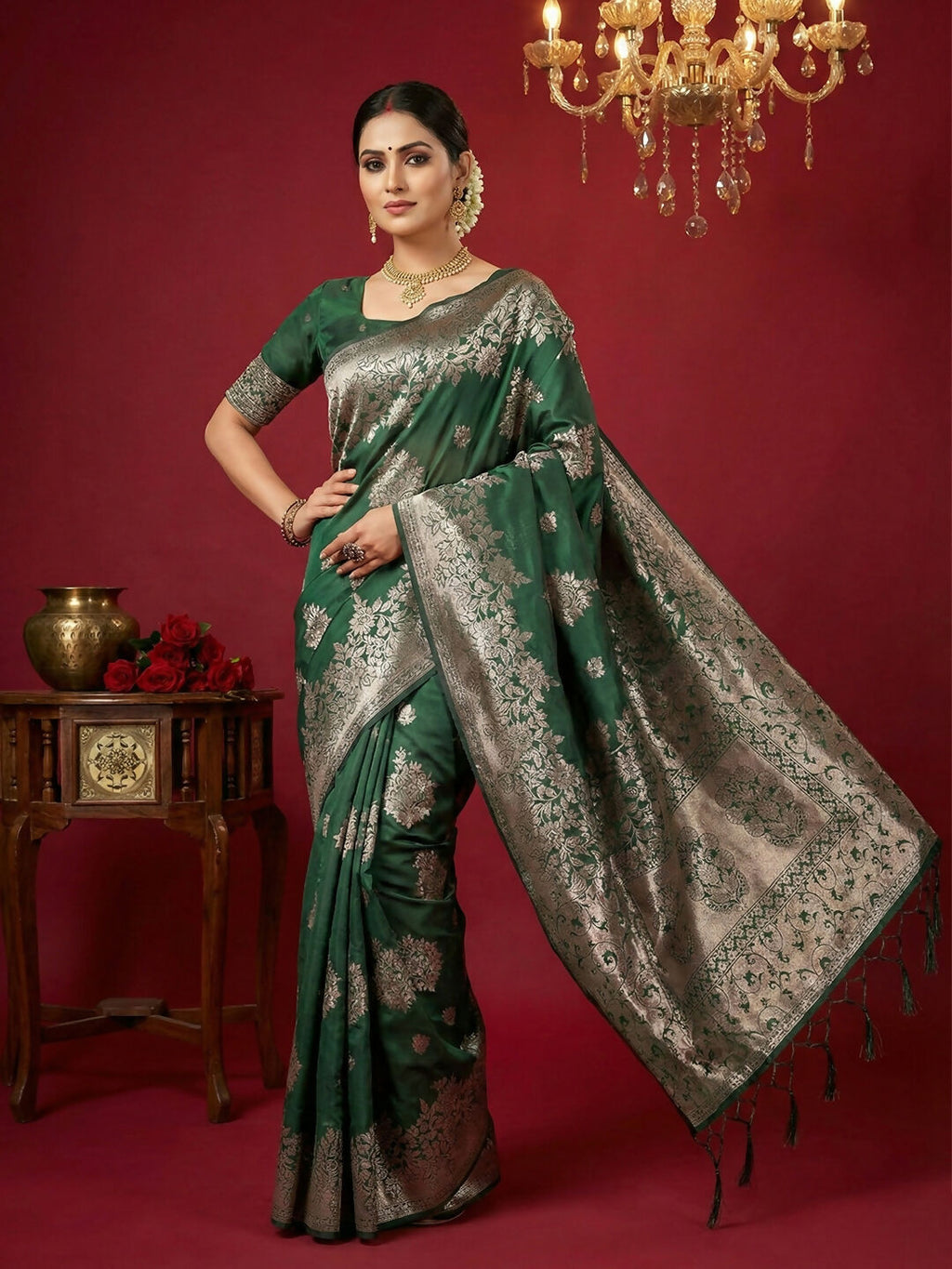 Shree Shyam Fashion Dark Green Silk Blend Saree