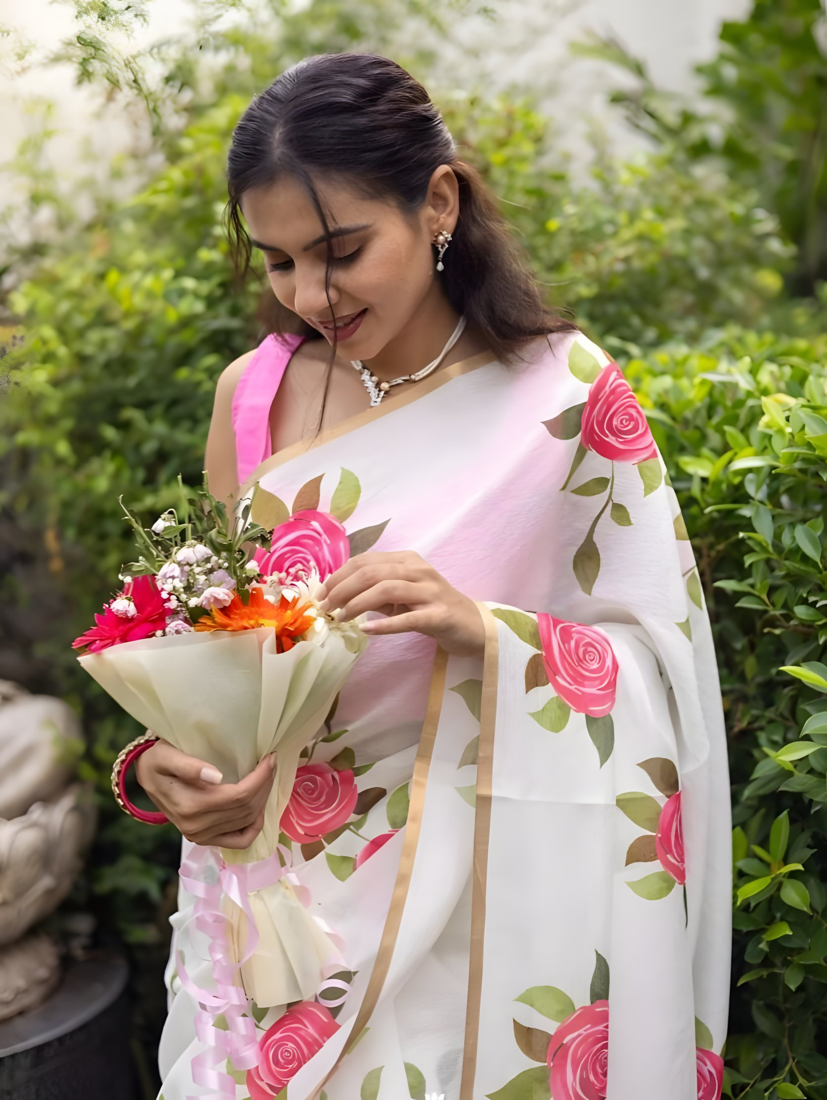 Prime Volt Women's White & Pink Floral Digital Print Soft Linen Saree With Gold Zari Border & Blouse
