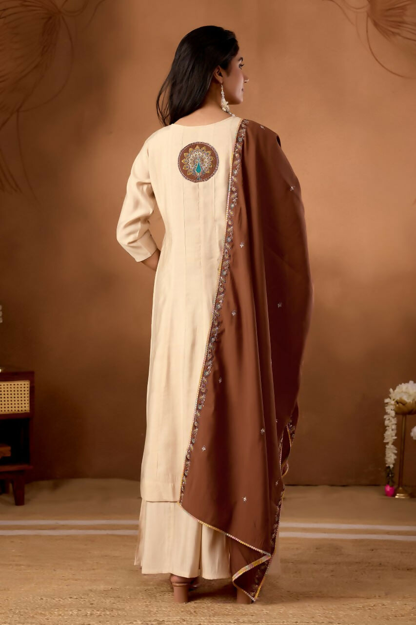 Lehenga Mart Designer Front-Slit Kurta, Paired With Wide-Leg Palazzo Pants And A Dupatta.-Cream