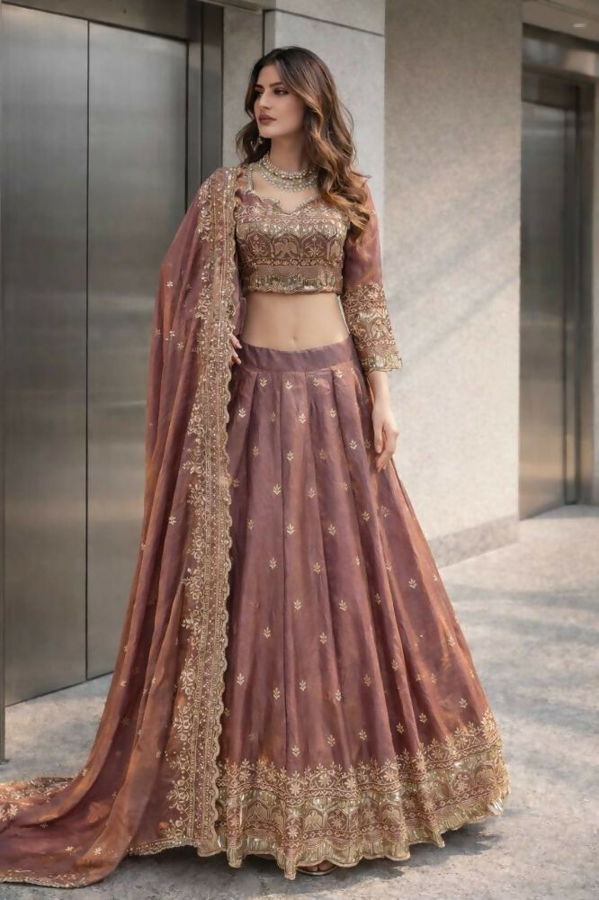 Teeya Creation Onion Color Fendy Satin Heavy Embroidery Work Wedding Wear Stitched Lehenga Choli
