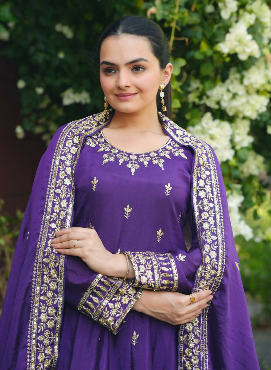 Teeya Creation Purple Color Chinon Silk Embroidery Work Long Gown