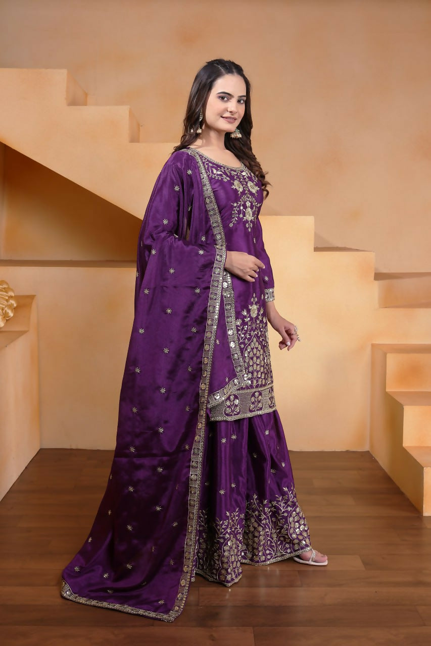 Joban Fashion Purple Silk Embroidered Sharara Set
