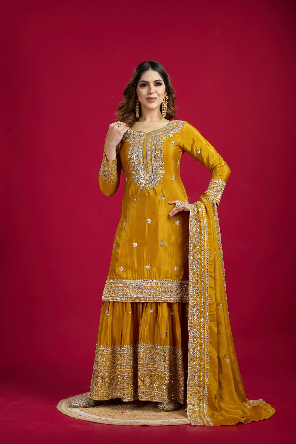 Joban Fashion Yellow Kurta Set Silk Sequins , Zari, Coding & Thread Embroidered work
