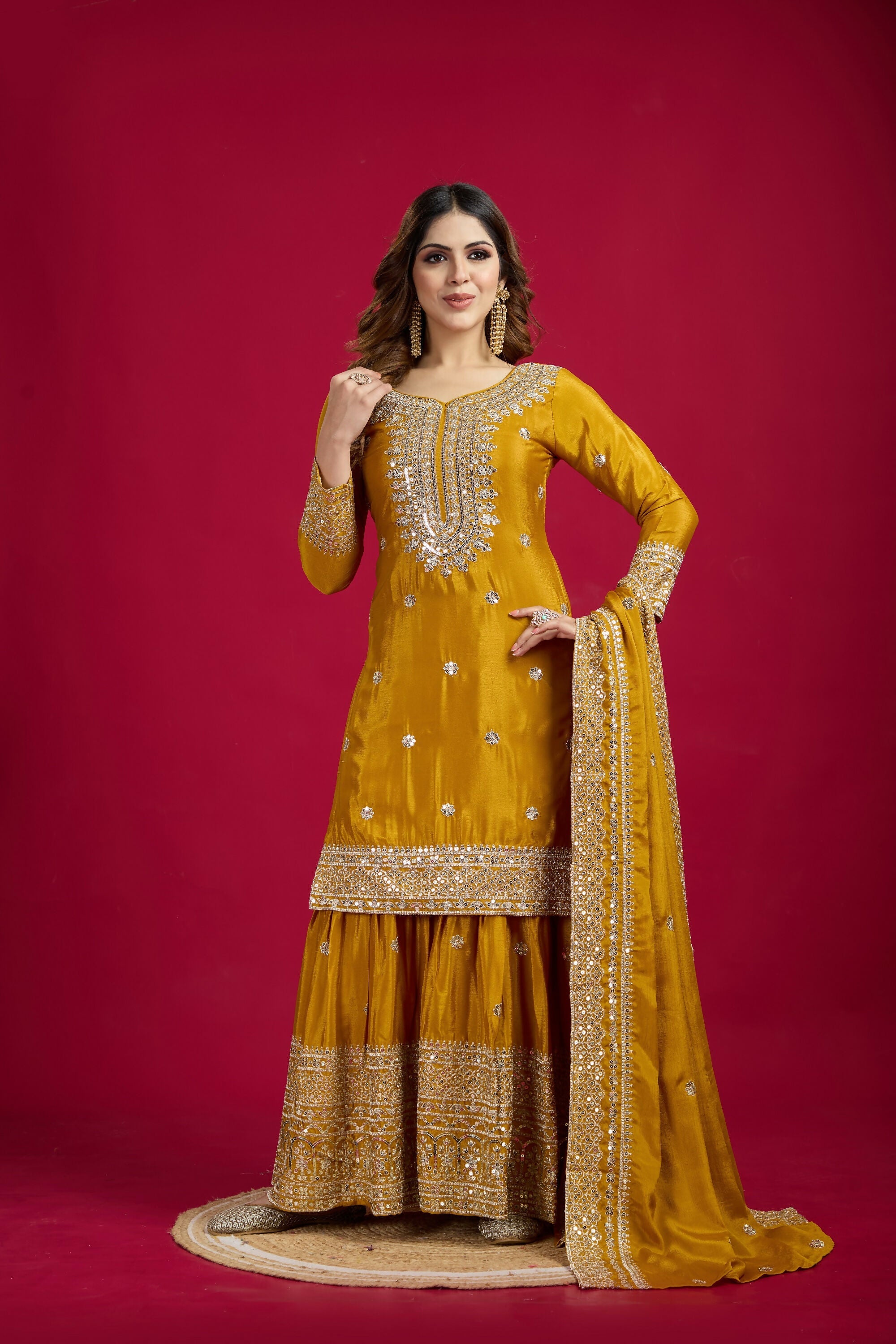 Joban Fashion Yellow Kurta Set Silk Sequins , Zari, Coding & Thread Embroidered work