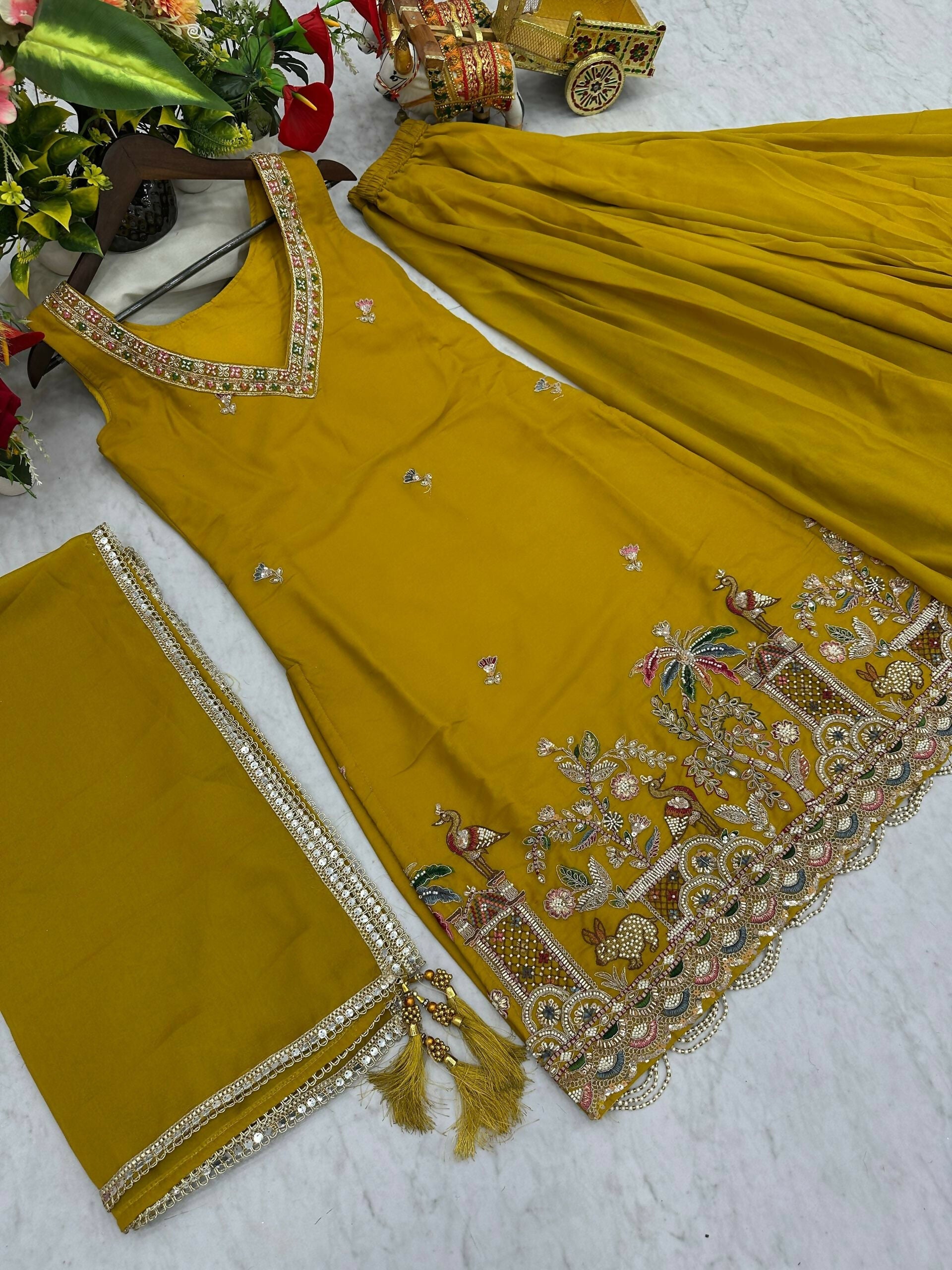 Teeya Creation Womens New Stylish Moti Beads With Cording Sequence Thread Embroidery Work Yellow Kurta Set