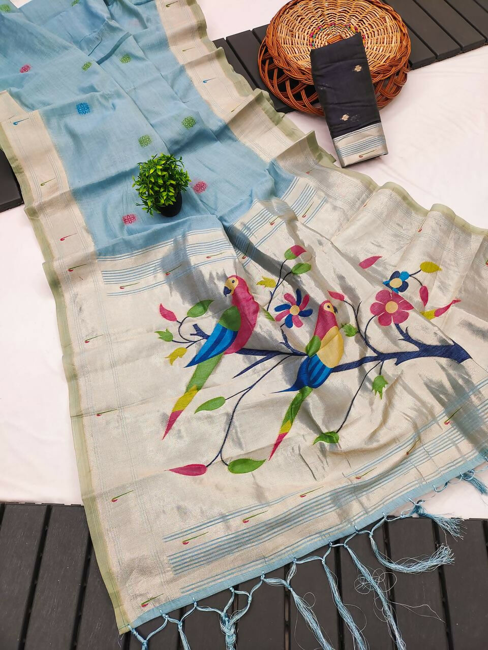 Vastranavya Sky Blue Muga Cotton Meenakari & Munia Weaving Pallu Saree with Contrast Blouse