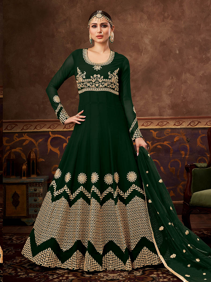 Myra Deep Green Real Georgette Embroidered Anarkali Suit