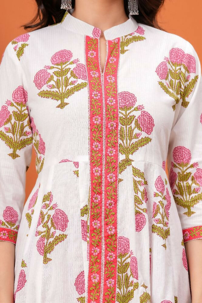 Jaimini Women Cotton Printed Mandarin Collar Neck Calf Length Flared Kurta Pant And Dupatta Set