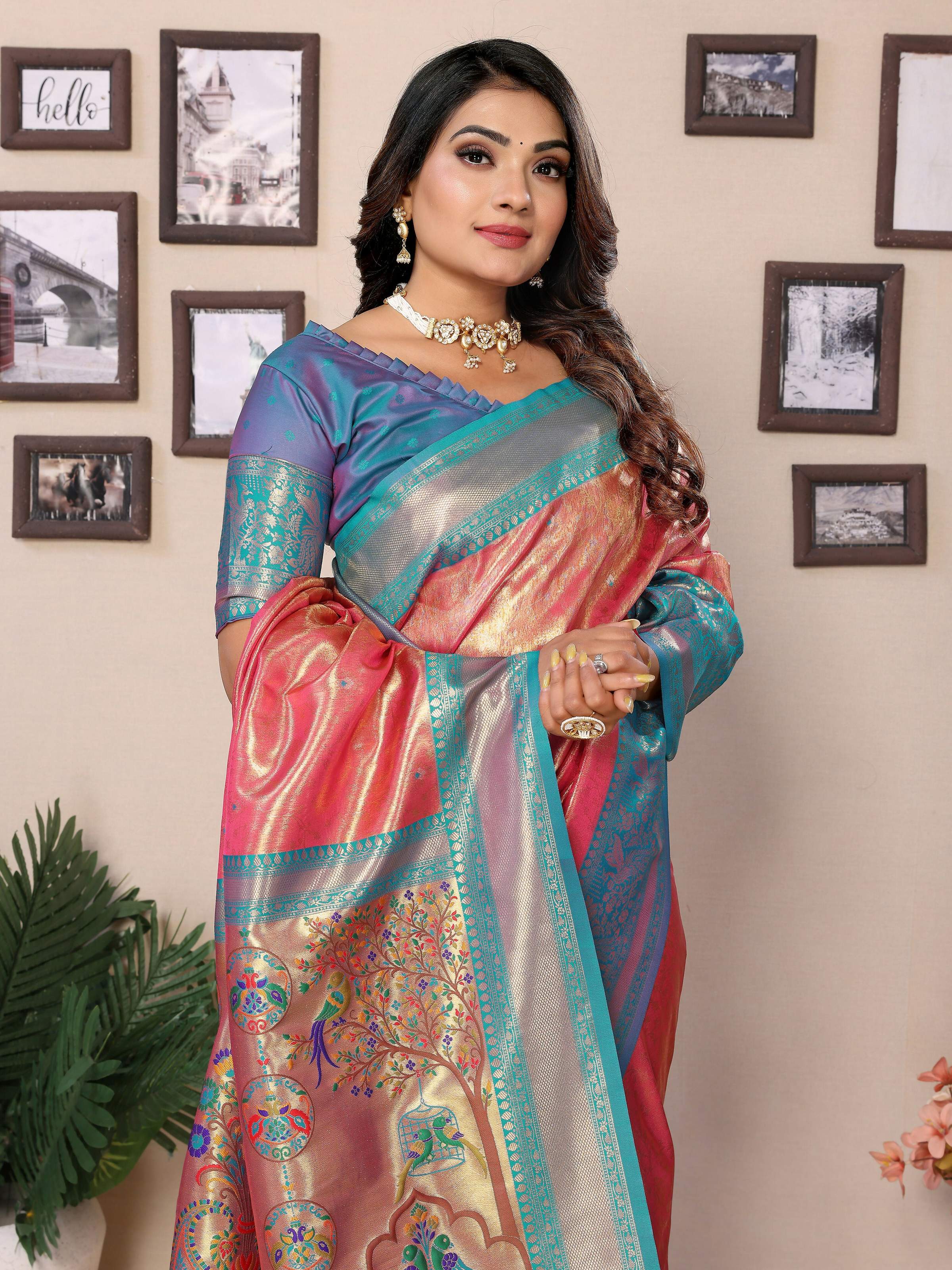 Aastha Fashion Pink Tissue Silk Weaving Saree