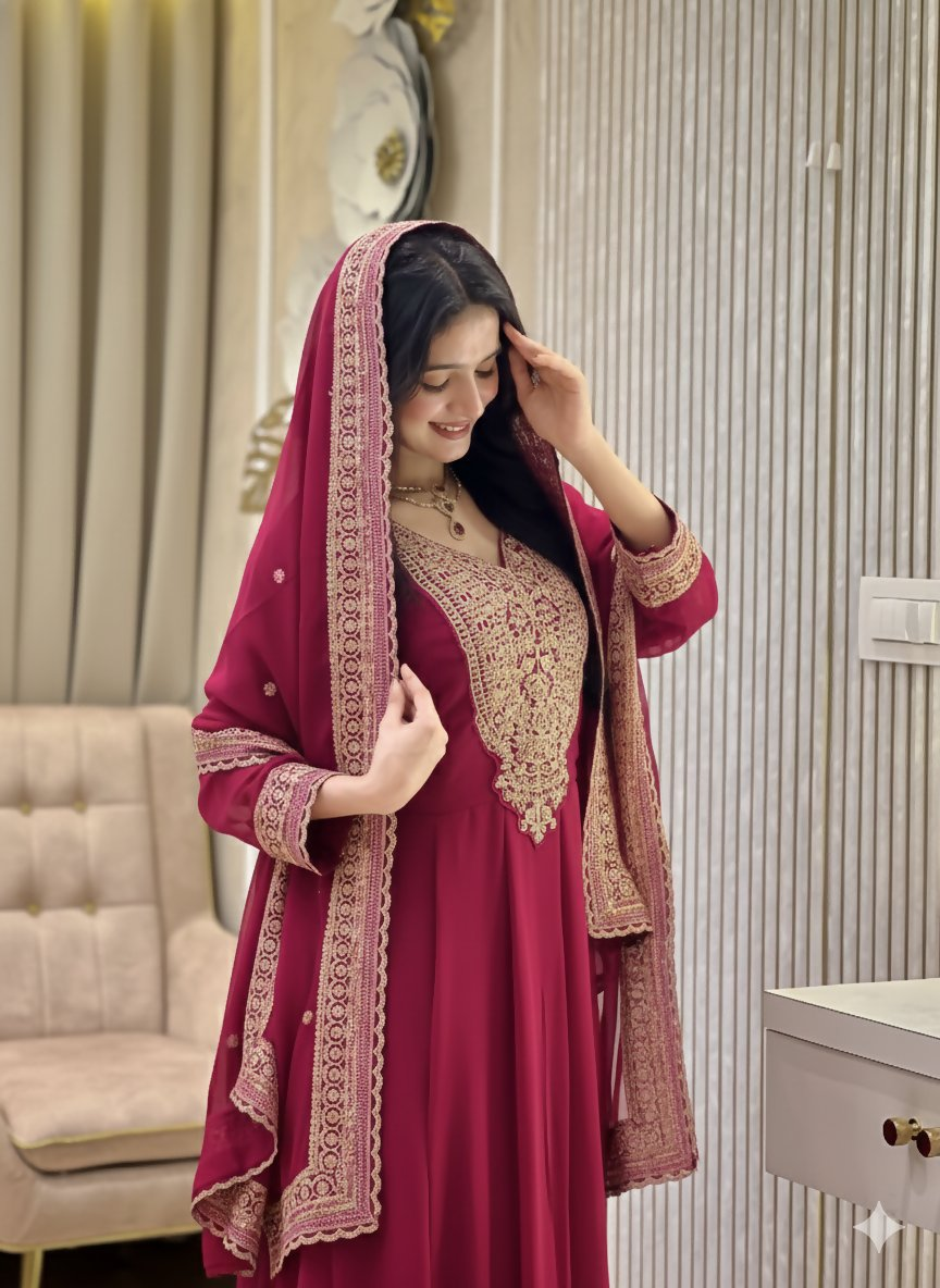 Teeya Creation Rani Color Faux Georgette Embroidery Work Long Party Wear Gown